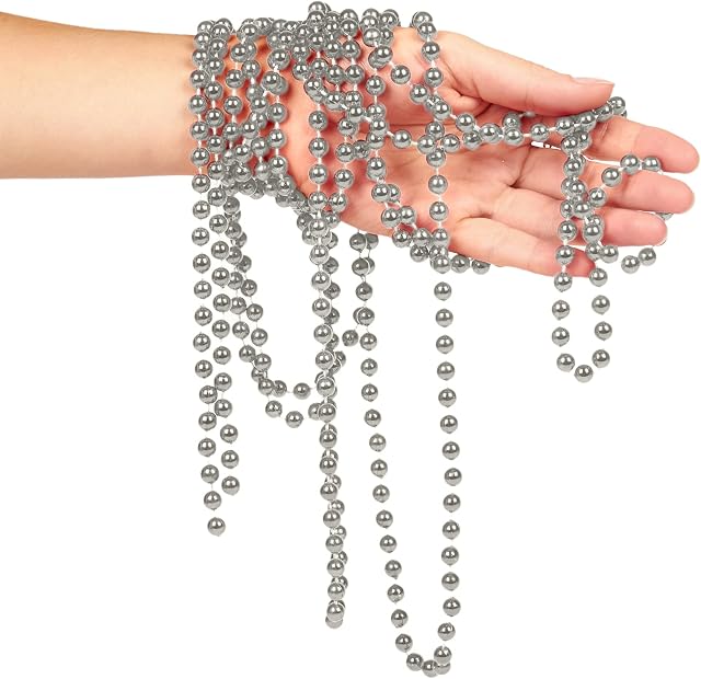 Festive Fix 9 Feet Christmas Bead Garlands in Silver  Artificial Pearls Strands for Xmas Trees Ornaments | Shiny Glitter Beaded Garland Decor Supplies for Christmas Wedding DIY Decoration