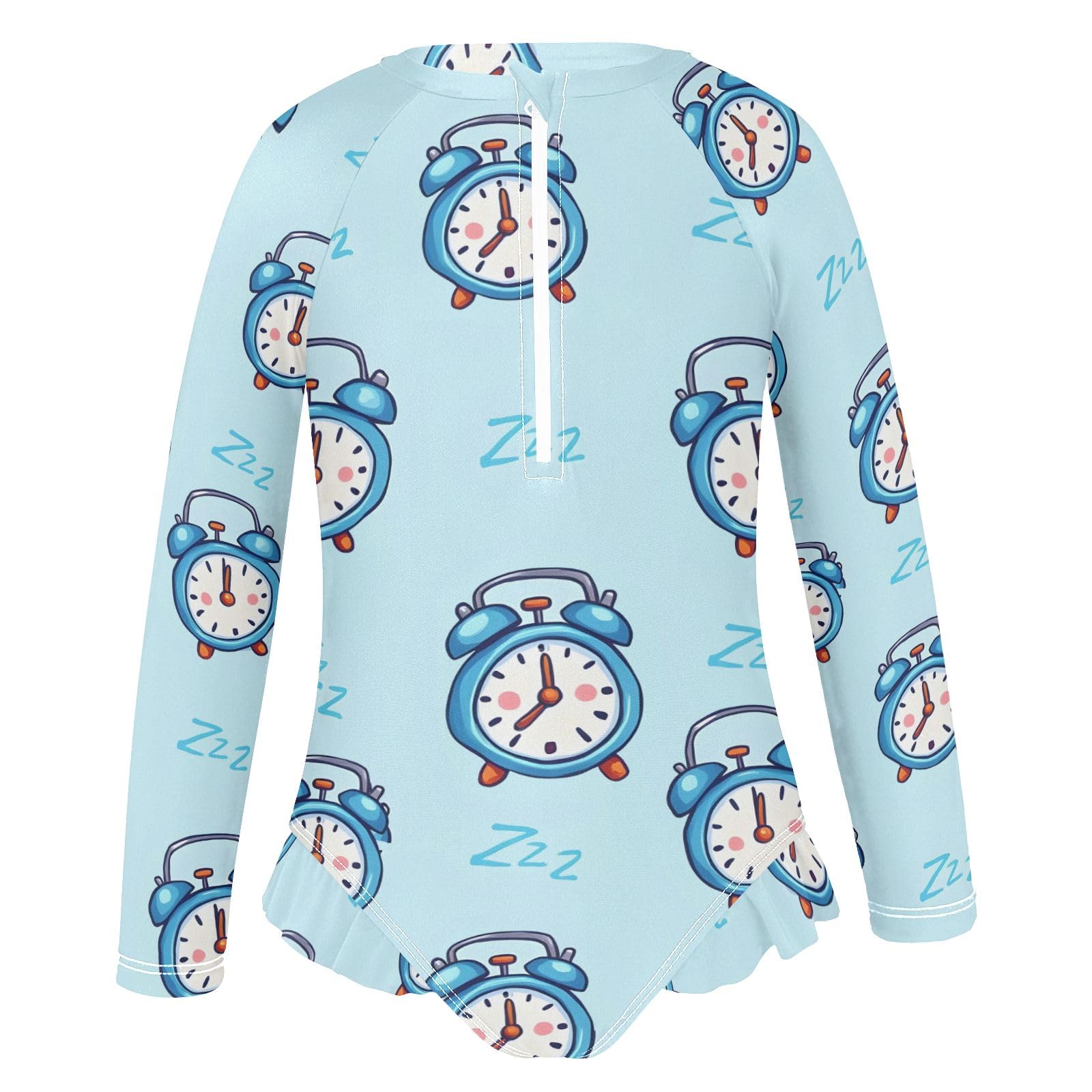 Toddler Swimsuit Girl Bathing Suit Swimwear Rash Guard Blue Alarm Clock Long Sleeve 3T