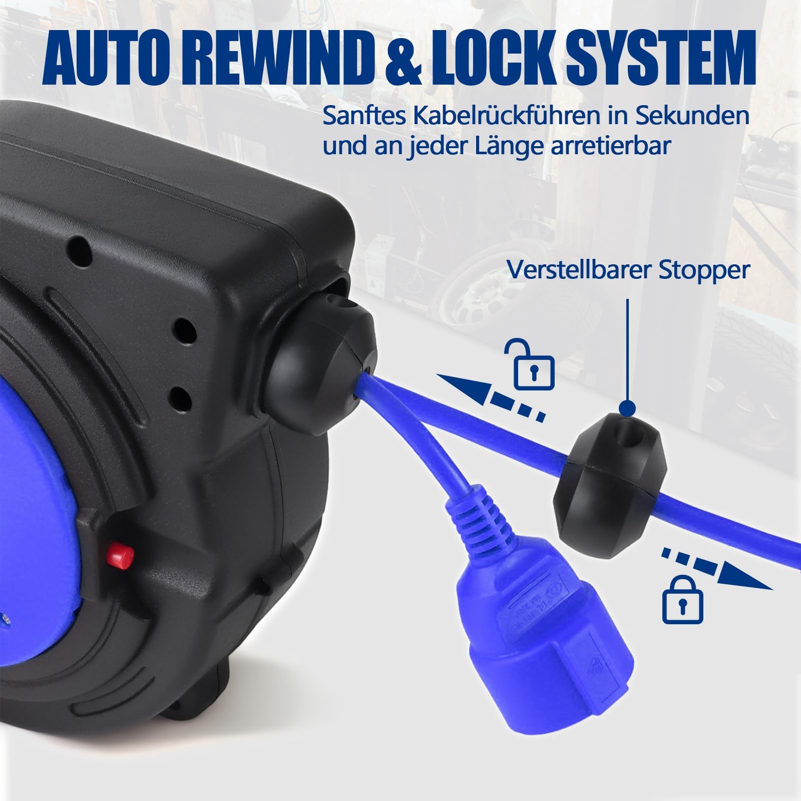 EnergyPro Automatische Kabeltrommel 10m, 2300W, wandmontierbar mit TÜV-Prüfung & Montage-Set – Kabeltrommel Outdoor für Garten, Werkstatt und Garage