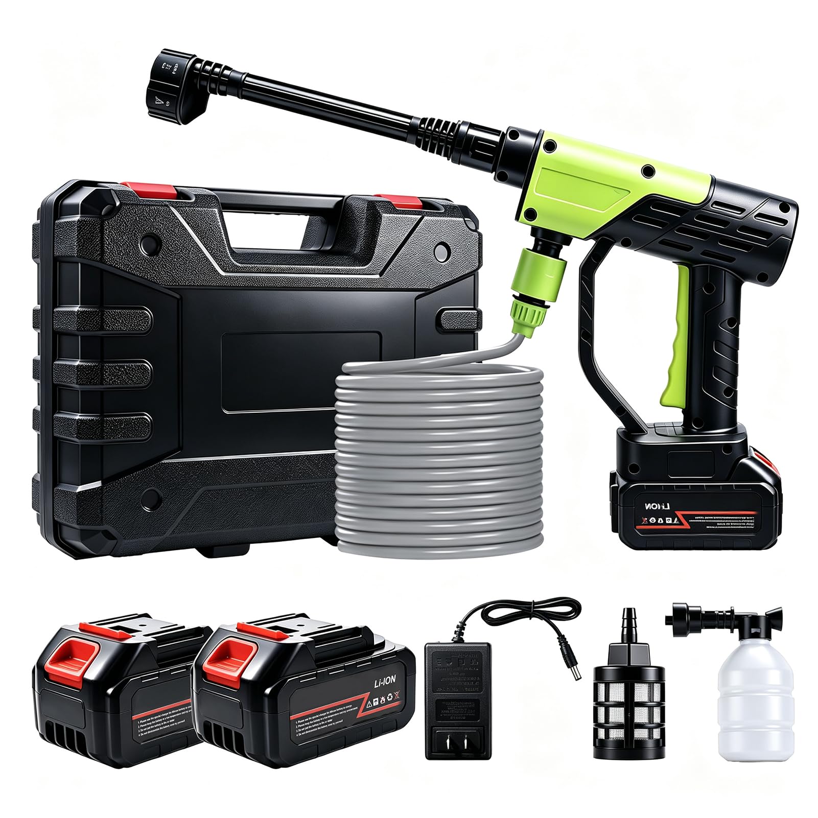 Nettoyeur haute pression sans fil portable 6 en 1 avec 2 batteries 21 V pour terrasse et voiture, tuyau d'eau sans fil de 5 m pour nettoyage du sol/jardin (vert)