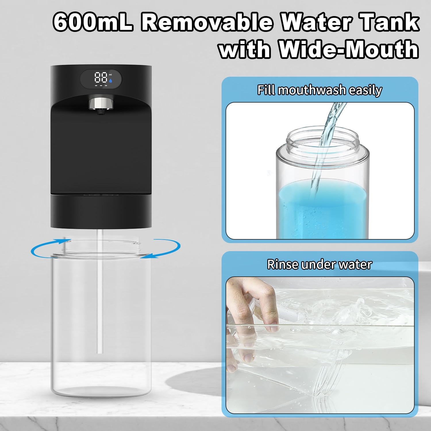 Dalugo Dispensador automático para enjuague bucal, 600 ml, fijación a la pared, 2 vasos magnéticos, negro, eléctrico, para niños y adultos, baño