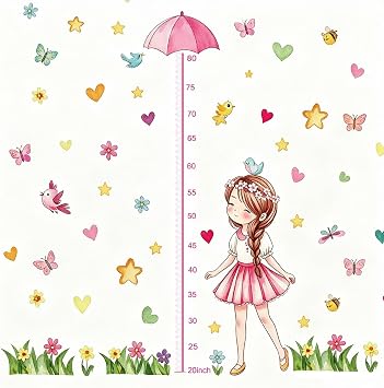 Girl Umbrella Watercolor Heart Wall Stickers Growth Chart for Kids - Inches Scale Height Chart Wall Decal | Removable Height Tracker for Nursery, Toddler Room & Playroom Decor
