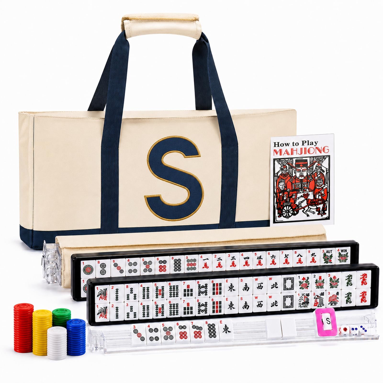 American Mahjong Set, 166 Tiles, Racks, Pushers & Embroidered Letter S Bag