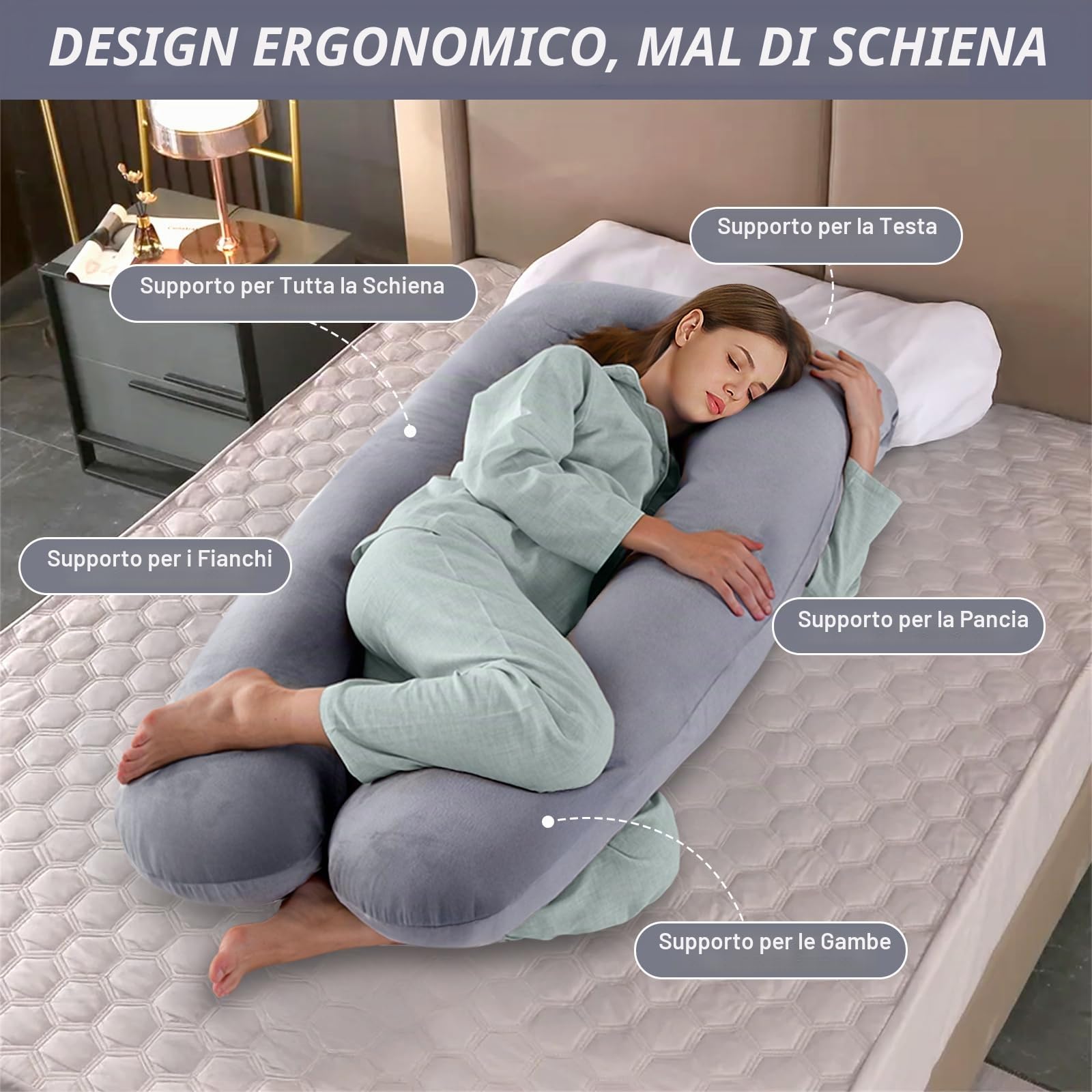 Cuscino Gravidanza - Cuscino Gravidanza e Allattamento Forma di U per Dormire - Cuscino per Allattamento e Gravidanza con Federa in Velluto Sfoderabile e Lavabile - Grigio