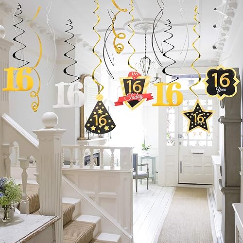 Miniatura 358 de LINGTEER Happy 65th Birthday Decorations Set - 12Pcs Black & Gold Swirls Streamer,Happy Birthday Bunting Banner,Cheers to 65 Years Old Bday Party
