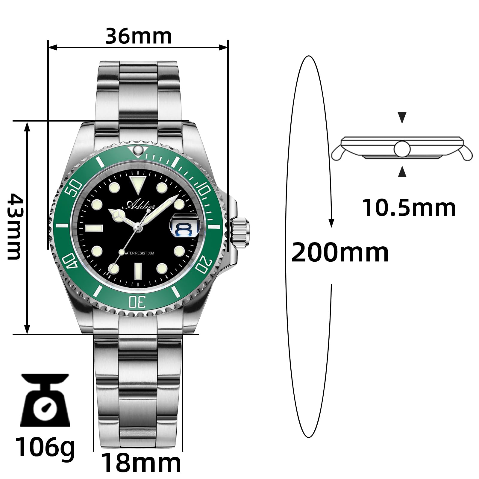 addies Orologio da donna da 36 mm, in argento, resistente all'acqua fino a 50 m, display analogico con data BGW, orologio delicato luminoso per le donne
