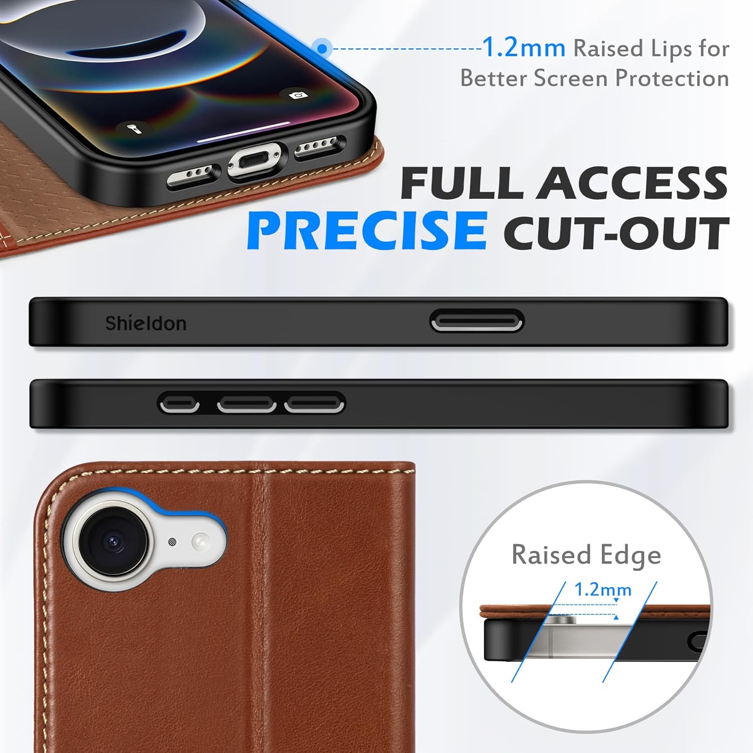 SHIELDON Case for iPhone 16e 6.1", Genuine Leather Wallet Magnetic Cover RFID Blocking Card Slot Kickstand Shock-Absorbent TPU Phone Holder Case Compatible with iPhone 16e 2025 5G - Retro Brown - Image 8