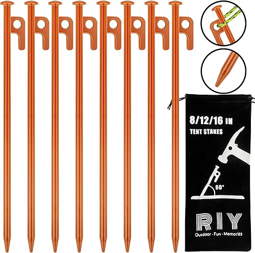 Vista 6 de Paquete de 8 estacas de tienda de campaña resistentes de 12 pulgadas de acero para acampar irrompibles e inflexibles Naranja