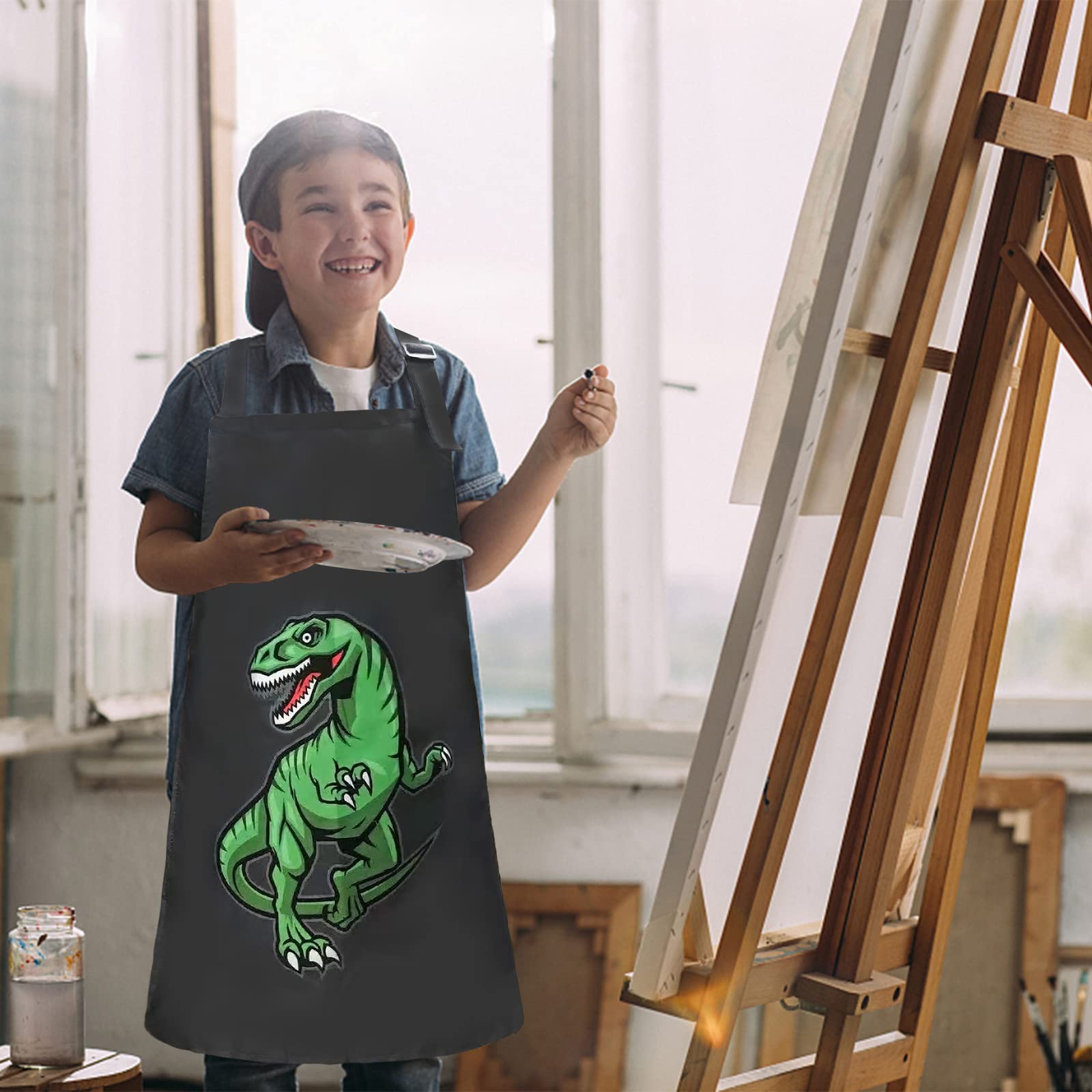 XonyiCos Kids Boys Dinosaur Apron with Pockets, Girls Aprons for Cooking Painting - Image 4