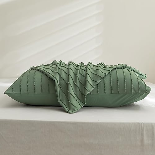 Miniatura 7 de JELLYMONI Fundas de almohada tamaño King verde, paquete de 2, fundas de almohada de cama bohemias a rayas 20x36 pulgadas, fundas de almohada de