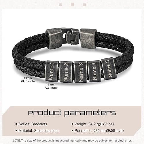Miniatura 2 de Pulsera personalizada con nombre para hombre, pulsera de cuero personalizada para hombre con 2-5 cuentas vintage grabadas con nombres de familia,