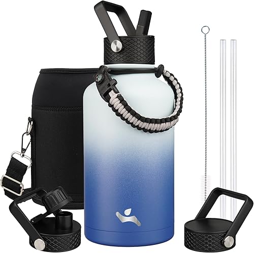 Miniatura 9 de Botella de agua aislada de medio galón con pajilla, jarra de agua de 64 onzas con 3 tapas y bolsa de transporte, asa de paracord, botella de metal