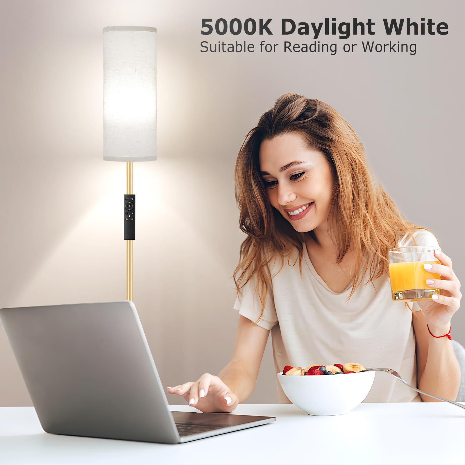 Stehlampe Wohnzimmer, Standleuchte LED Dimmbar Modern mit Fernbedienung, 4 Farbtemperaturen & Stufenlos Dimmbar, Beige Leinenschirm, Leselampe für Wohnzimmer Schlafzimmer Büro