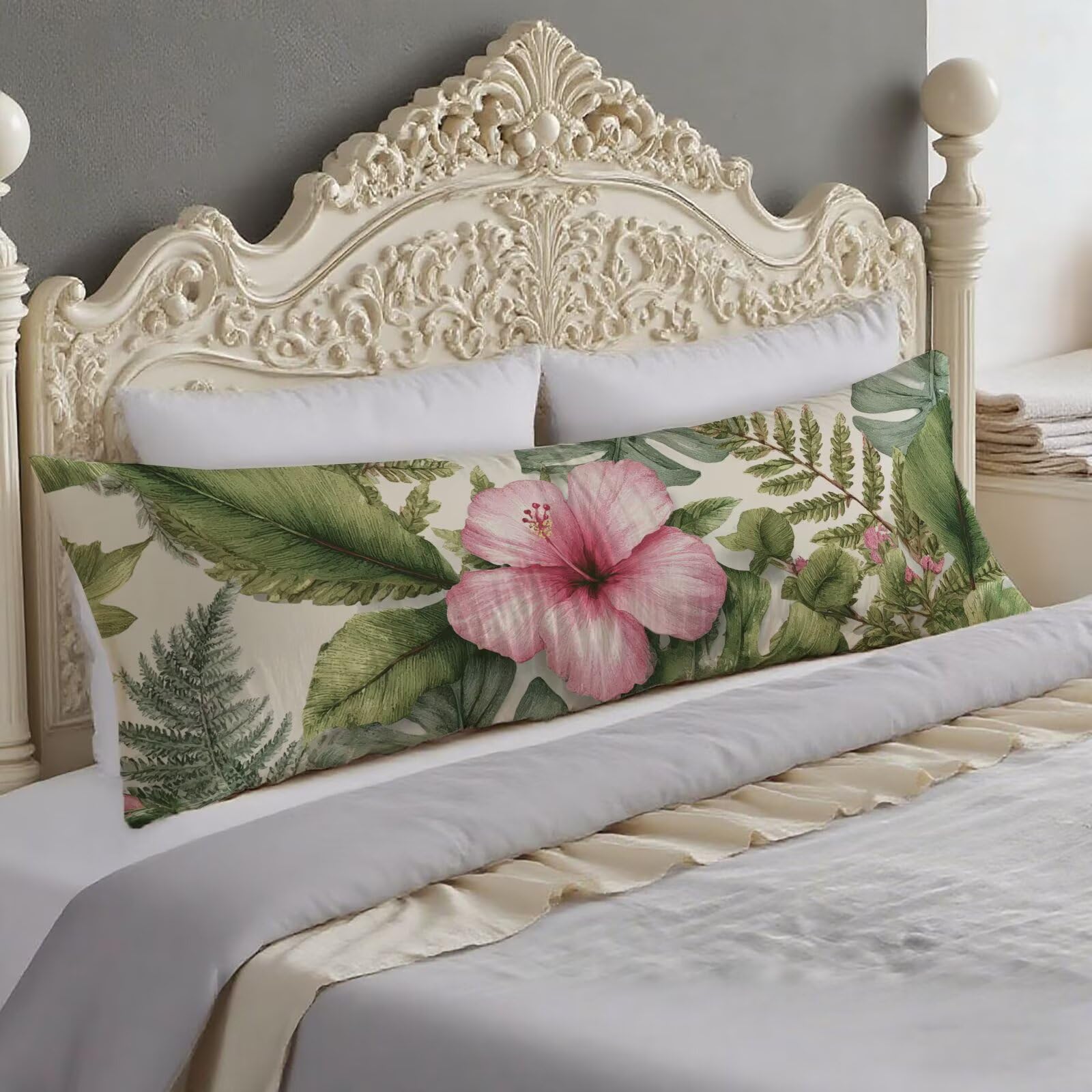 Taie traversin 120 cm vert sauge et rose en velours imprimé double face O-1148