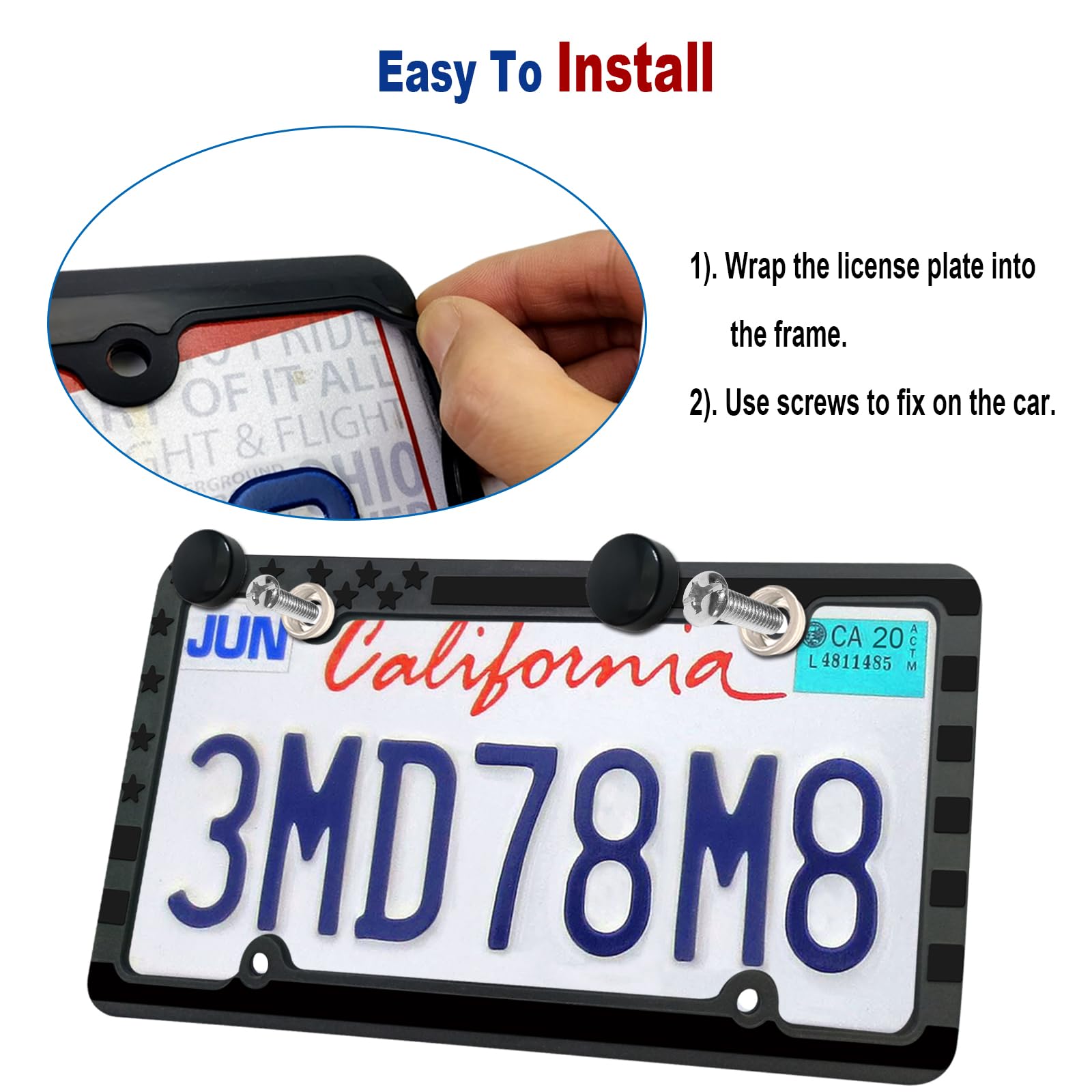 Cornice per targa in silicone con bandiera americana, a prova di ruggine, patriottica lucida degli Stati Uniti con stelle e strisce, copertura nera per portabagagli auto, confezione da 2