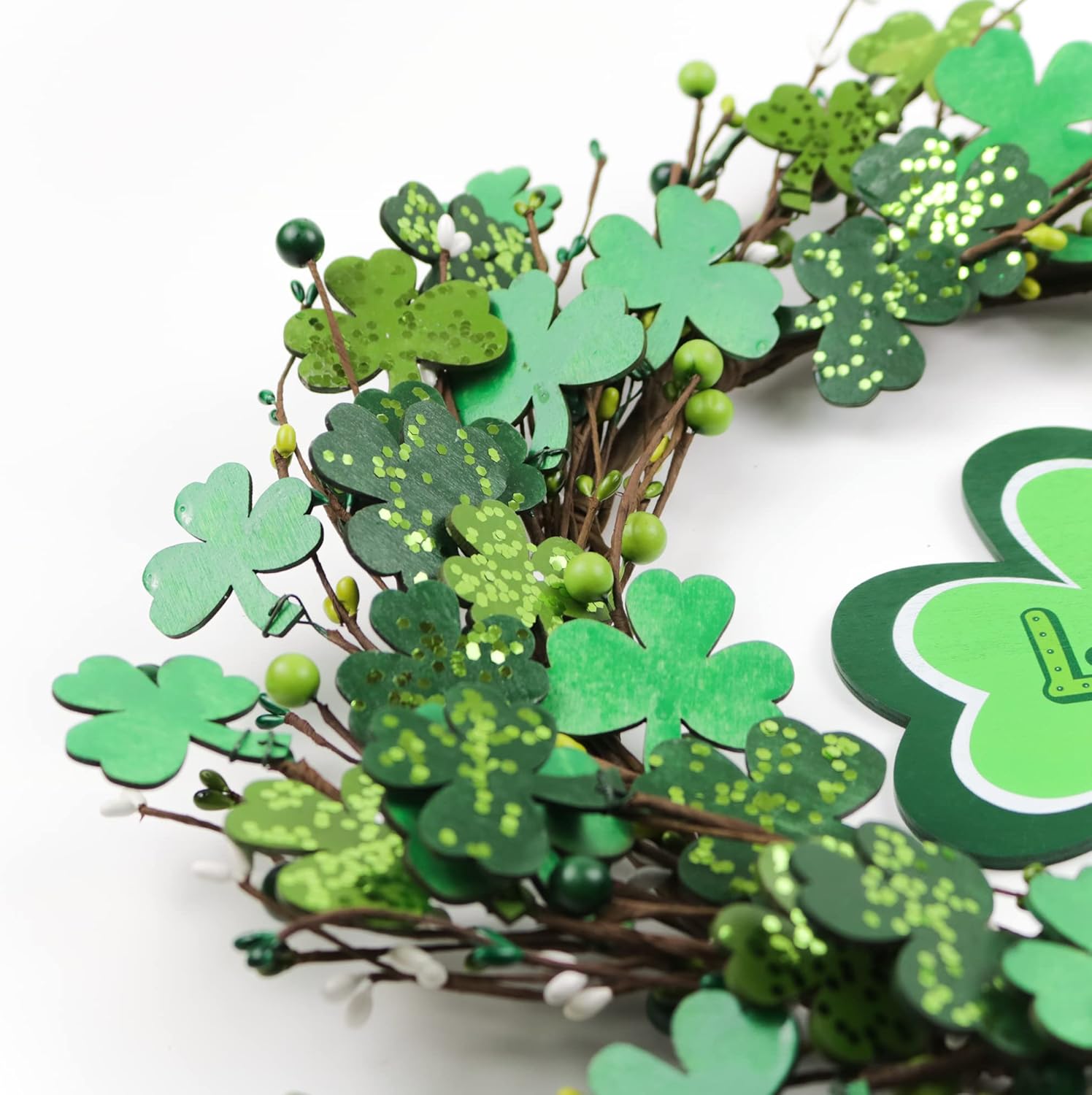 St Patricks Day Wreath with Wooden Lucky Shamrock Signs, 20 inch Shinning St Patricks Day Wreaths for Front Door Wall Window, Shamrock Decorations for Irish Holiday Party, Clover Decor