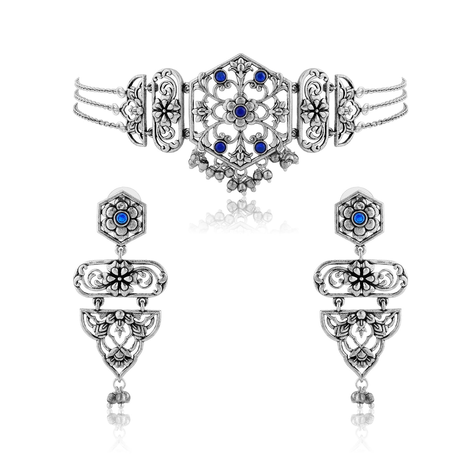 voylla Phulwari Vanavelle Oxidised Choker Necklace Set For Women, Floral Statement Ethnic Jewellery Gift for Women & Girls-picture-36