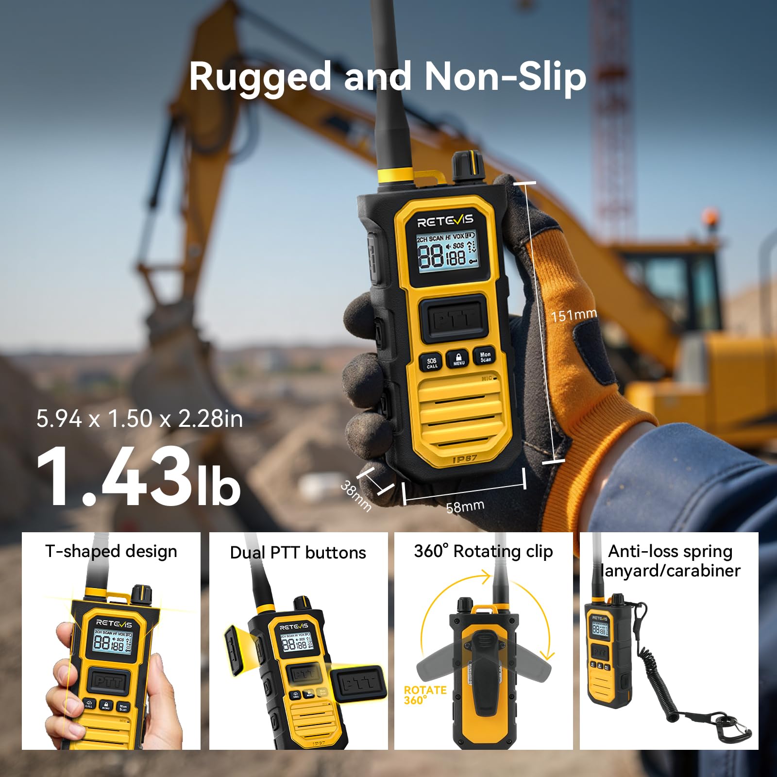 Retevis RB648 Pro Walkie Talkies mit Großer Reichweite, IP67 Wasserdichtes Funkgerät, Zwei Wege Geräuschunterdrückung, 2800 mAh, Walkie Talkies für Erwachsene für Baustellen und Fabriken (2 Stück)