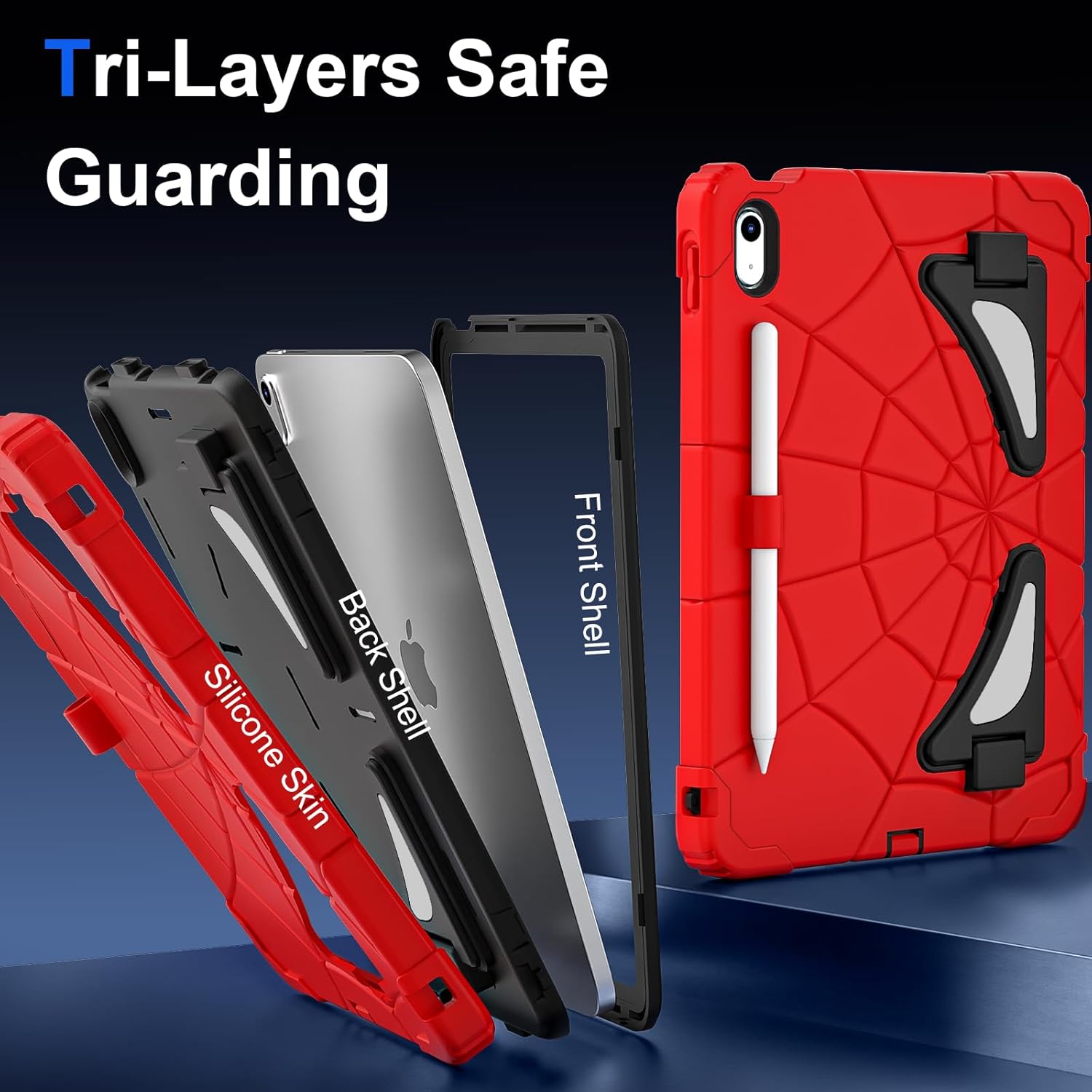 Kids Case for iPad 10th/11th Gen (10.9/11 Inch 2022/2025 A16) – Shockproof 360° Full-Body Protection Cover with Screen Protector, Stand & Pencil Holder – Boys’ Anti-Drop Design-RED Black