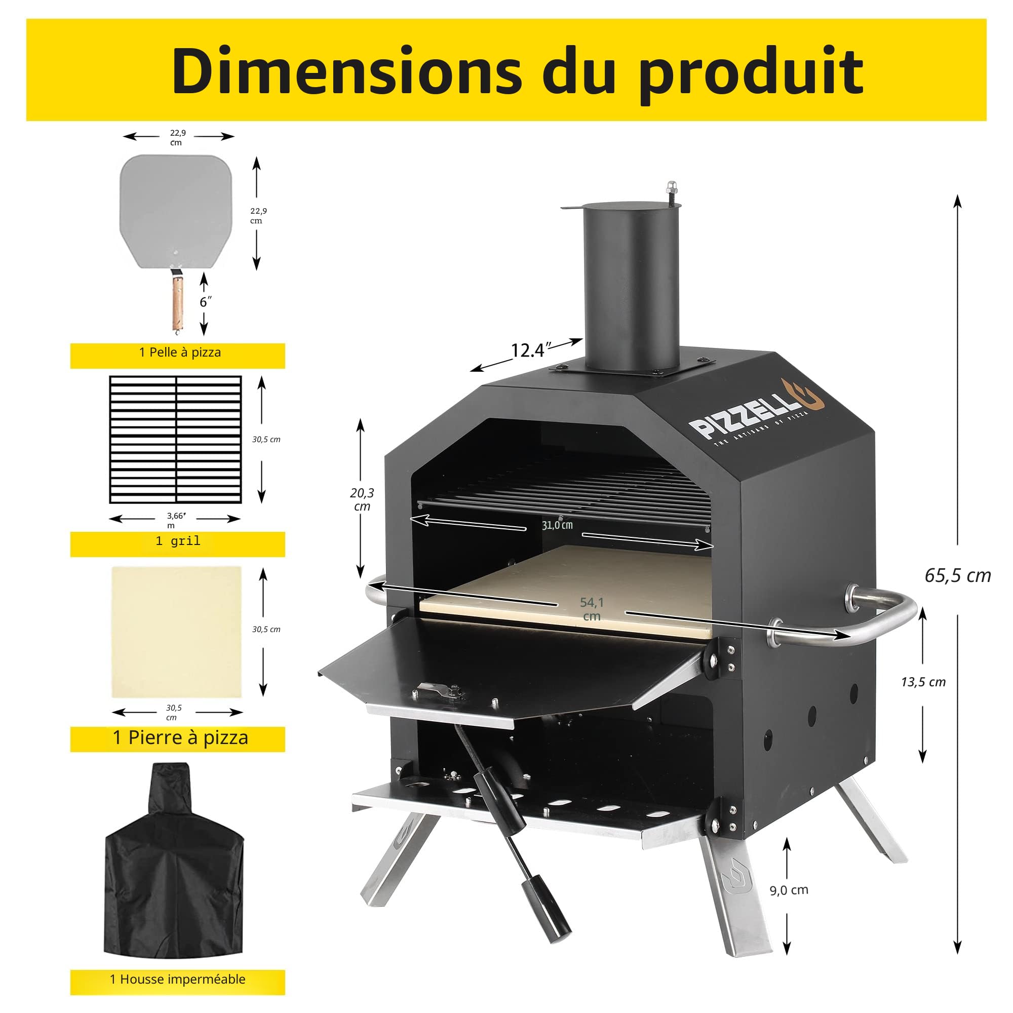 PIZZELLO Machine à pizza d'extérieur au feu de bois 2 couches avec pierre à pizza, pelle et grille – Housse imperméable et pieds pliables 66 cm