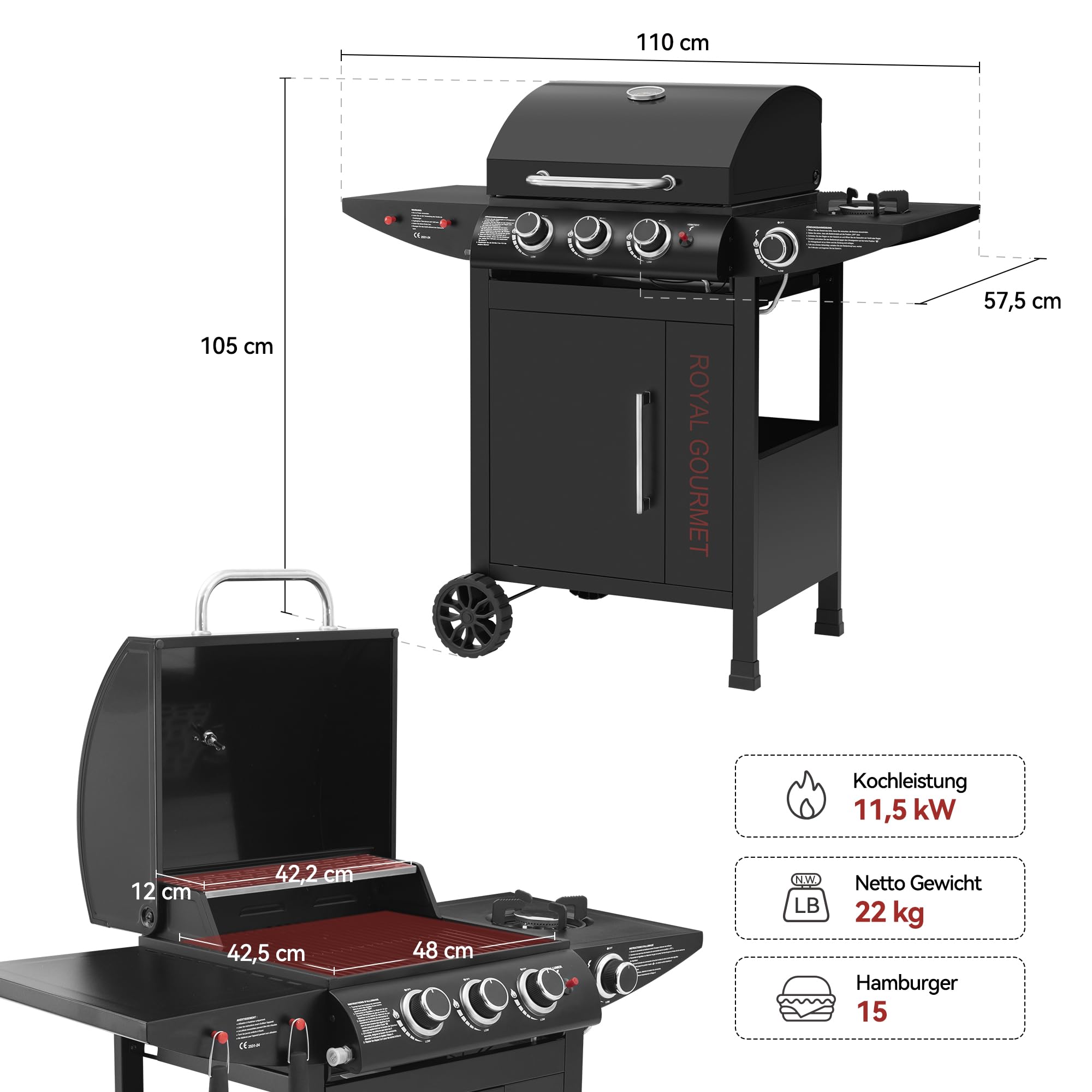 Royal Gourmet Gasgrill 3+1 Brenner Grillwagen mit 11,5 kW, Campinggrill mit Seitenbrenner, Outdoor Gas Grill inkl. Haken, Unterschrank für Balkon, Party Schwarz