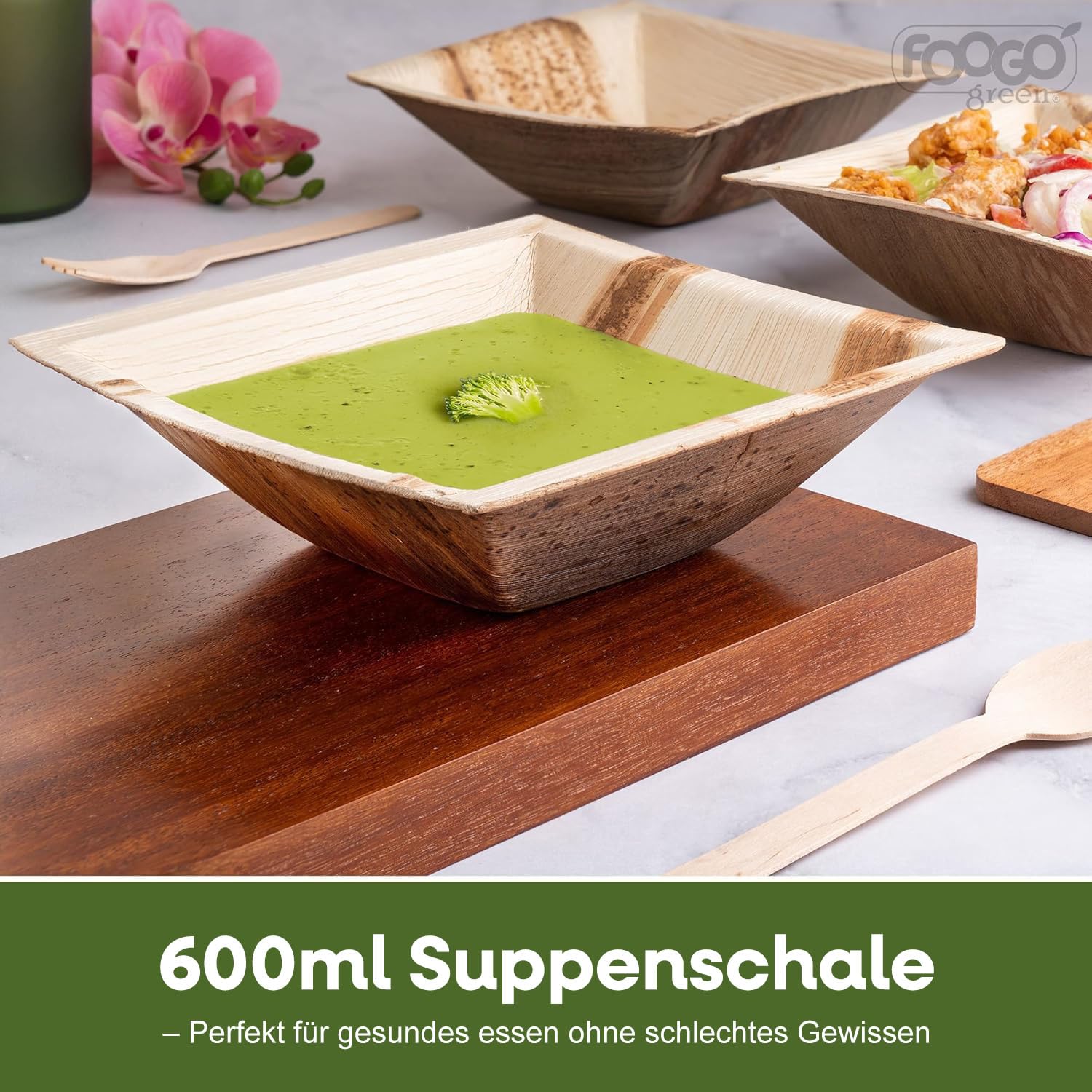 FOOGO Green 200x Palmblatt Schalen eckig 600 ml 16,5x16,5 cm