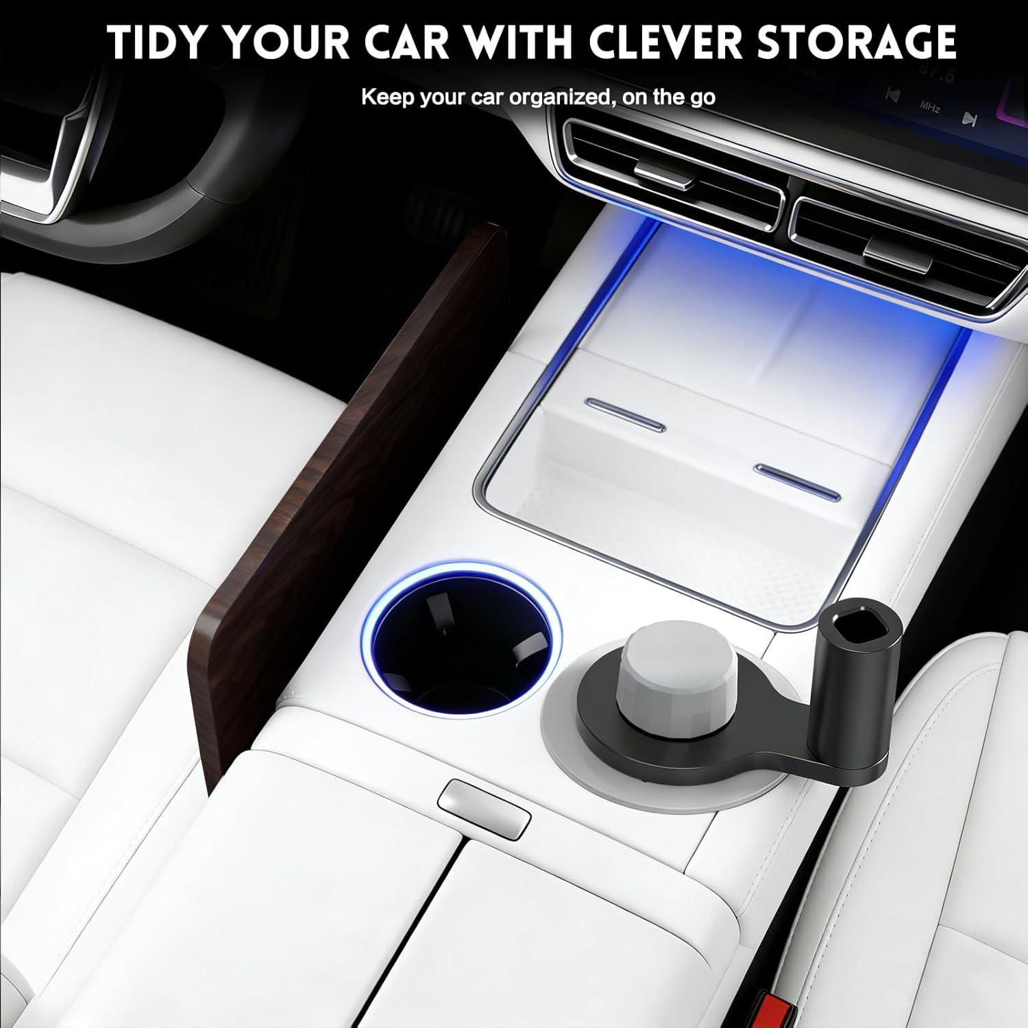 360° Rotation Car Desk for Laptop, Height-Adjustable Cup Holder Table, Wooden Car Food Tray & Laptop Mount Compatible with Tesla Model Y/3/S, Ford F150/Explorer/Maverick & Most Vehicles (Dark Walnut)