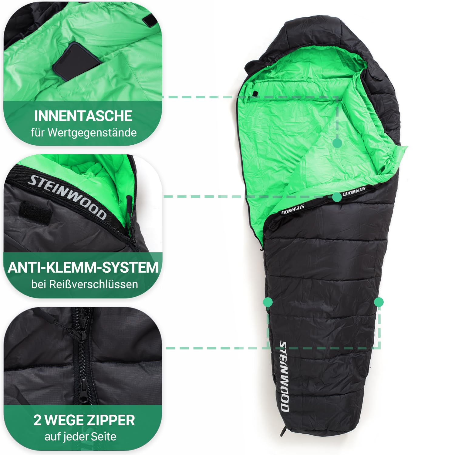 Steinwood Premium Schlafsack koppelbar extra breit 3-4 Season 210cm - Outdoor-Schlafsack, Mumien-Schlafsack, Hütten-Schlafsack