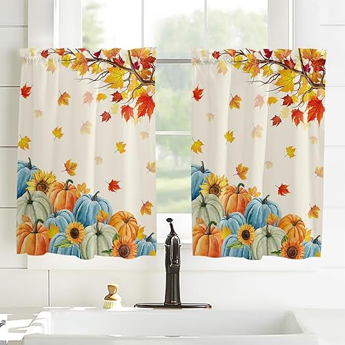 Miniatura 3 de Juego de 2 paneles de cortinas de cocina de otoño de 45 pulgadas de largo, cortinas de ventana con filtro de luz, cortinas de café, cortinas con