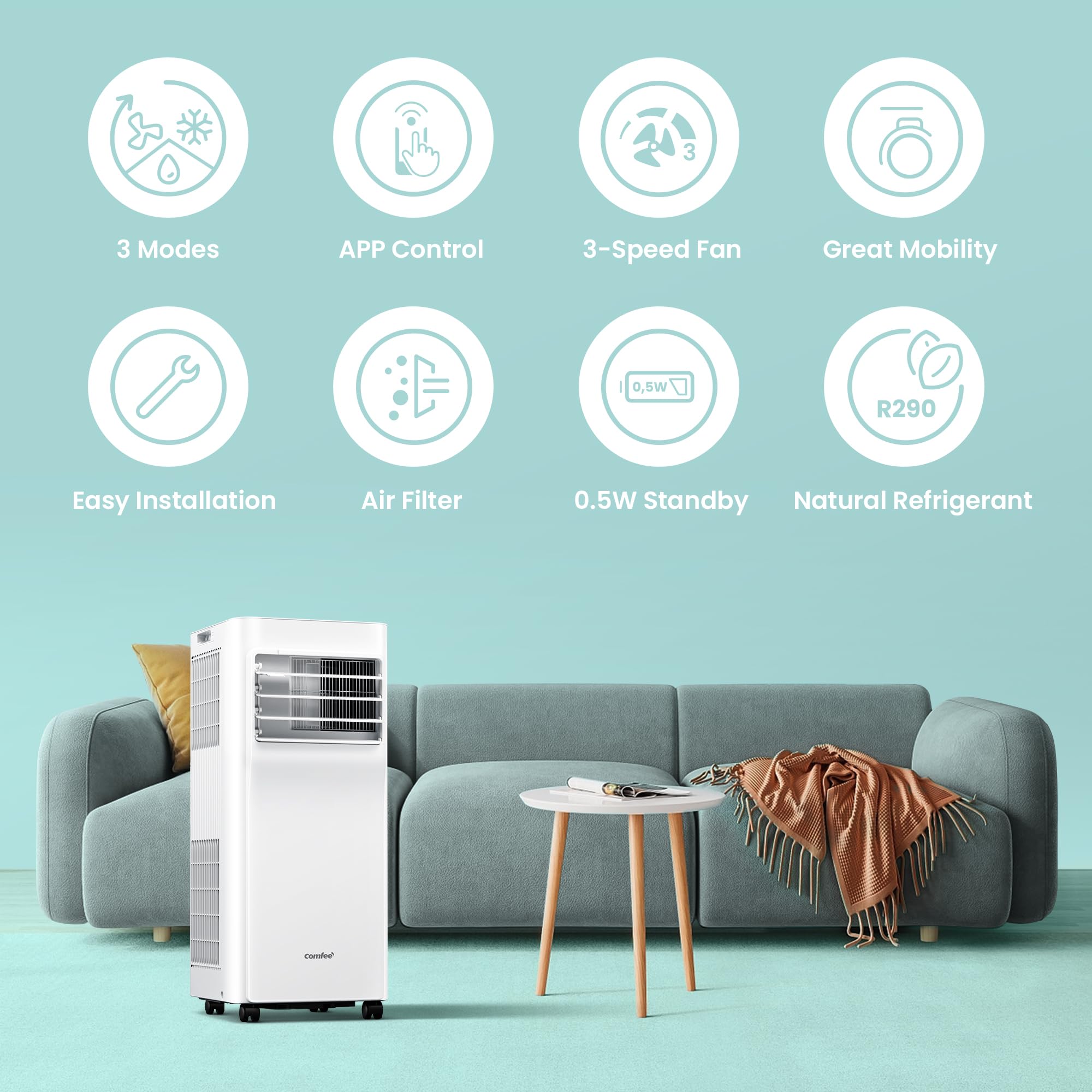 COMFEE' Condizionatore Portatile 9000 BTU/H, Breezy Cool Pro 2.6, Controllo WiFi, 3-in-1 Climatizzatore Portatile, Ventilatore, Raffreddamento, Deumidificazione, 24H Timer