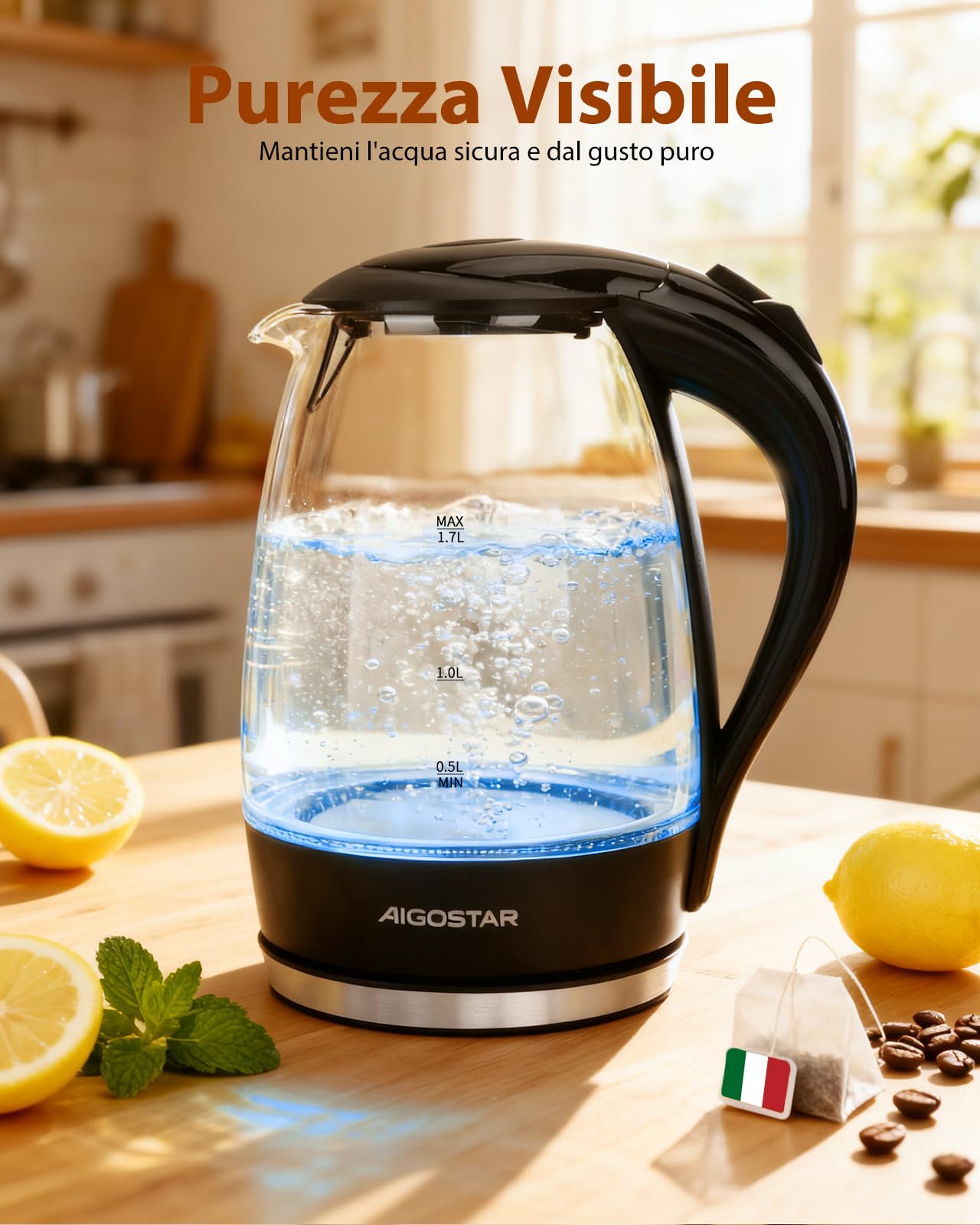 Aigostar Adam - Bollitore Acqua Elettrico in Vetro Borosilicato con LED, 1,7 litri, 2200W, Spegnimento Automatico, Filtro Anticalcare, Base di rotazione a 360° in Acciaio Inox, Teiera Senza BPA Nero