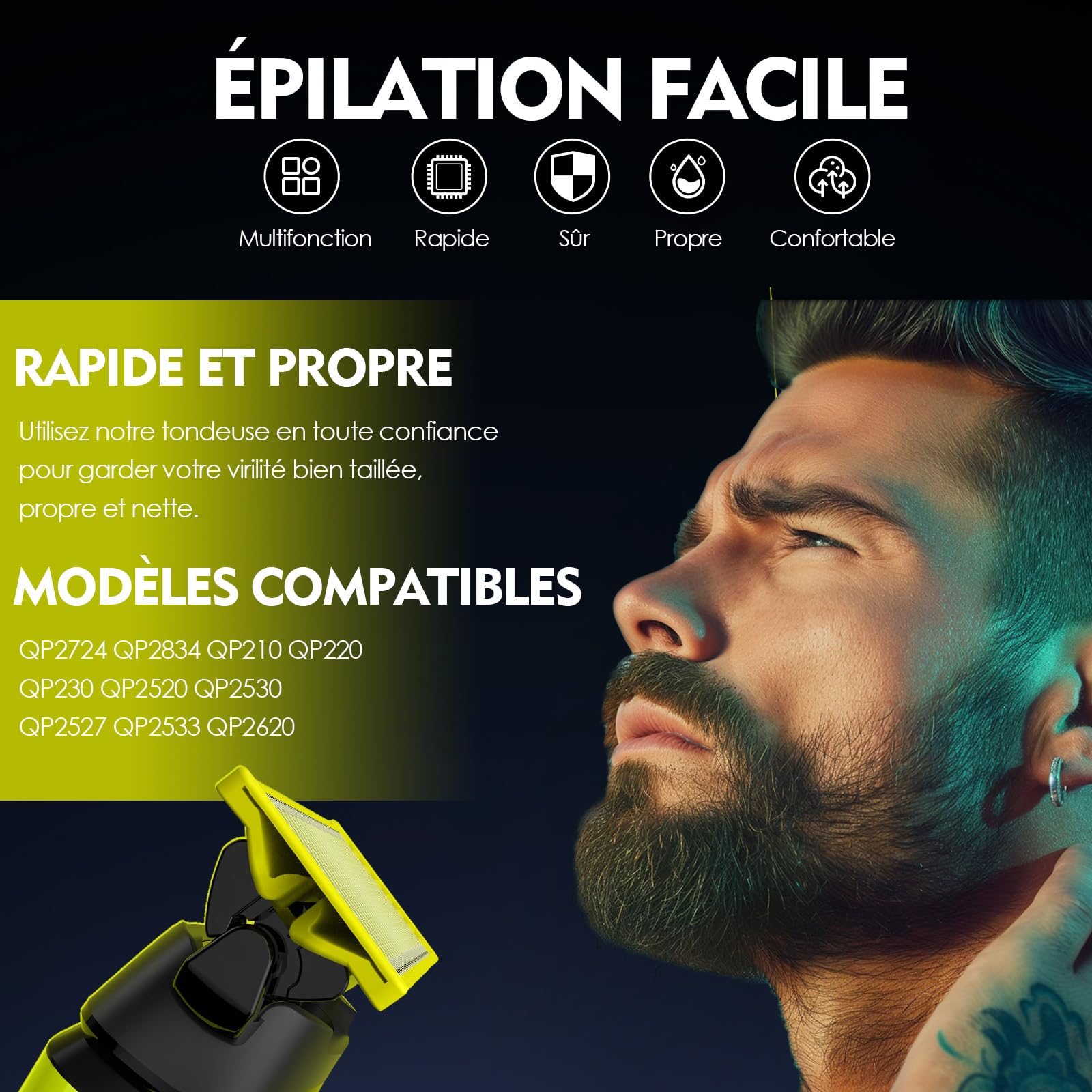 4 Lames de Rechange Compatibles avec One Blade Modèles QP210/25/26/27/28/45