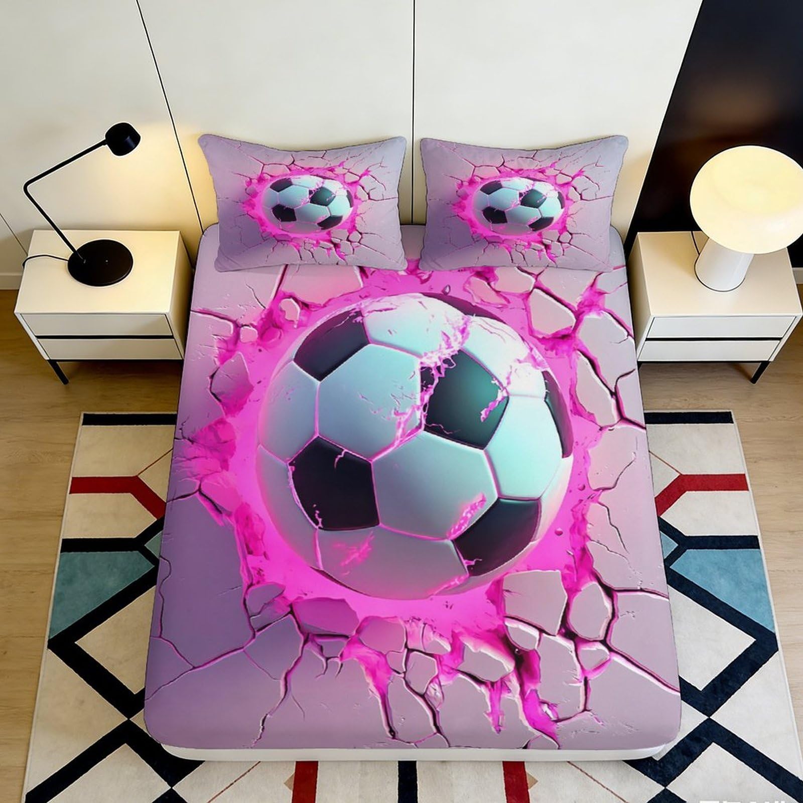 3D Printed Soccer Ball Cracked Wall Fitted Sheet Microfiber Anti-Slip Easy Care Bed Cover for Bedroom Dorm 90x200x25cm