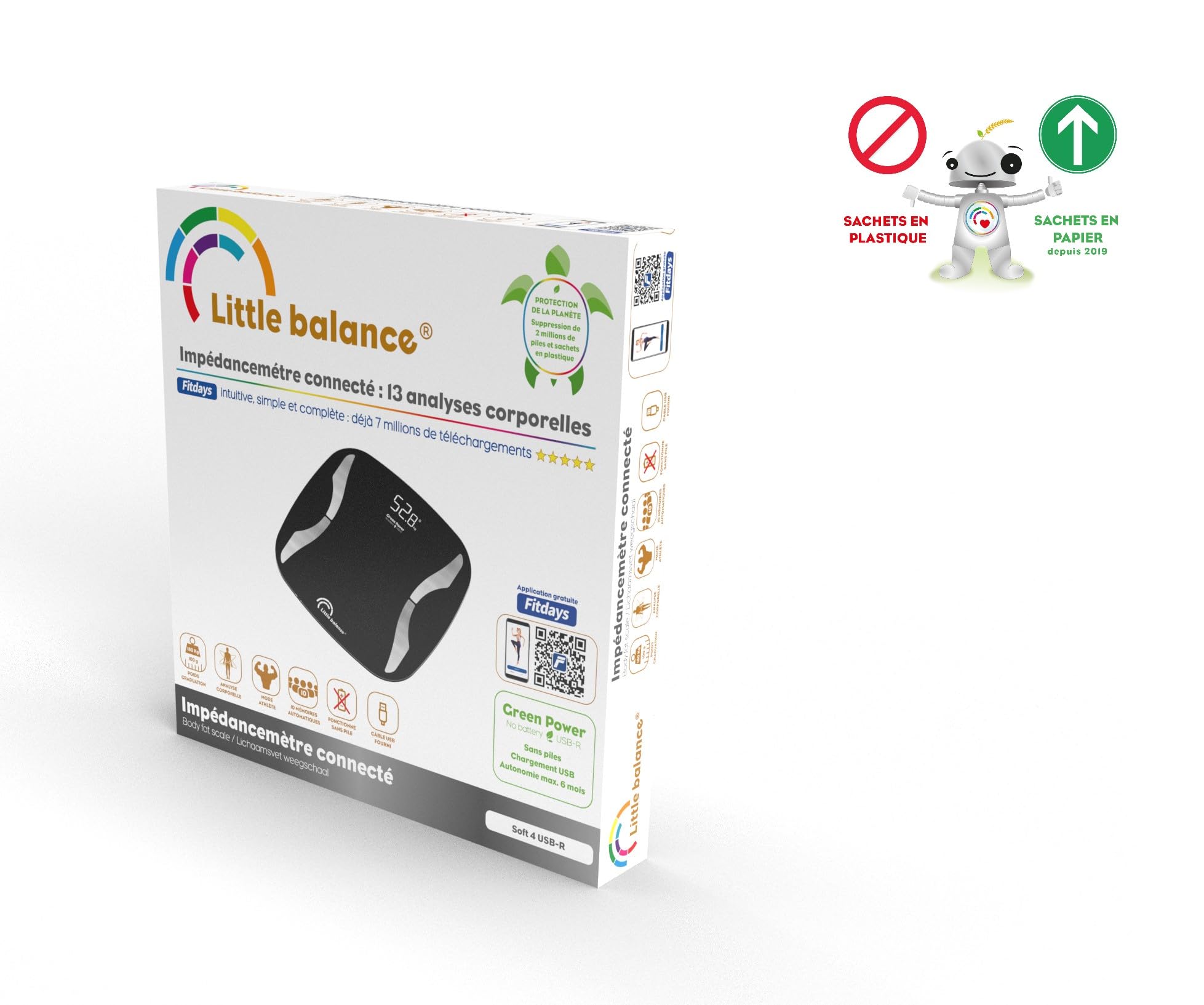 LITTLE BALANCE 8651 Soft 4 USB-R, Impédancemètre connecté sans pile, Rechargeable USB, Réparable, 180 kg, Noir