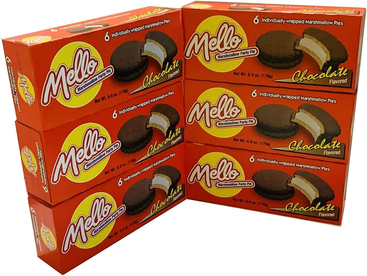 Mello Marshmallow Party Pies (Chocolate) 6boxes, with 6 individually wrapped sandwich cookies 1oz. 6 pies per box, 36 pies total!.