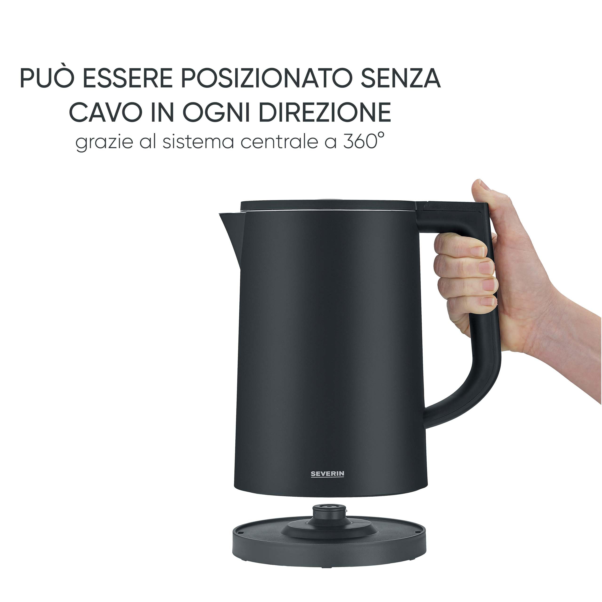 SEVERIN Bollitore Elettrico, 1,7 Litri, 2200W, Cool-Touch, Regolazione Temperatura, Mantenimento Caldo, Spegnimento Automatico, 24,0 x 14,5 x 23,5 cm, Nero/Inox - WK 3484
