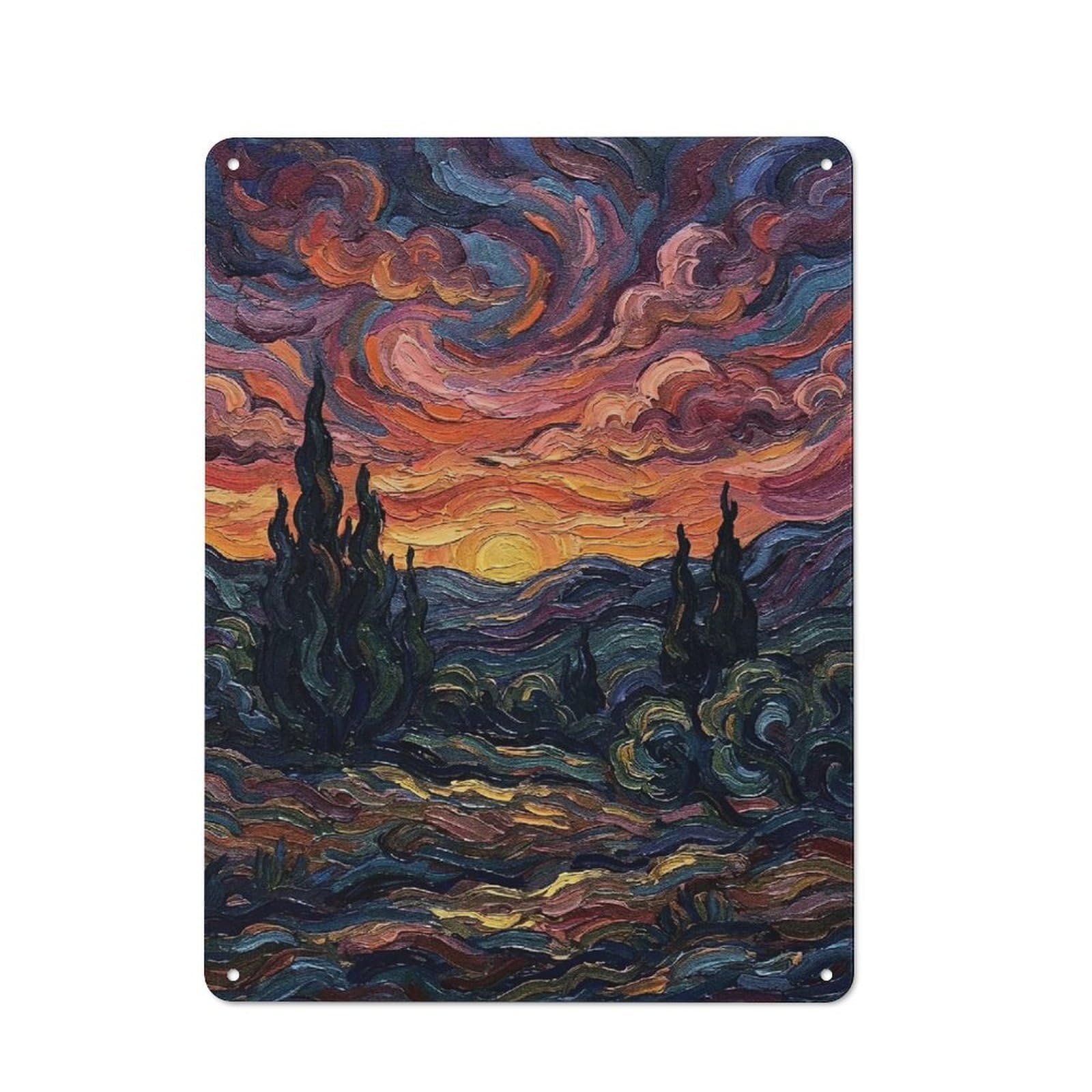 Junmoney Style-18 Vintage Metal Plaque 40X30cm Featuring Impressionistic Landscape With Sunset And Trees, Diner Style Decor For Restaurant, Kitchen, Counter Or Breakfast Nook