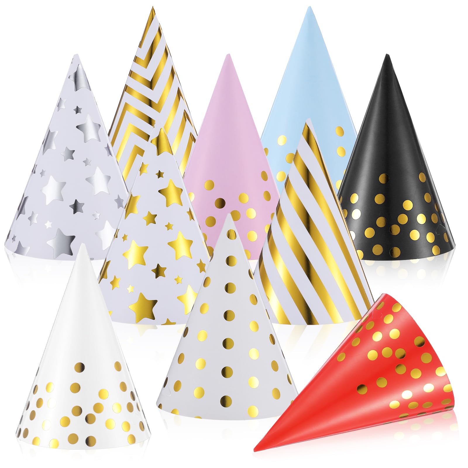 ADLABLD 20 Pcs Party Hats Birthday Party Cone Hats for Adults Kids Gold Polka Dot Paper with Elastic String Happy Birthday Partys Decorations Assorted Paper Birthdays Hat for Photo Props