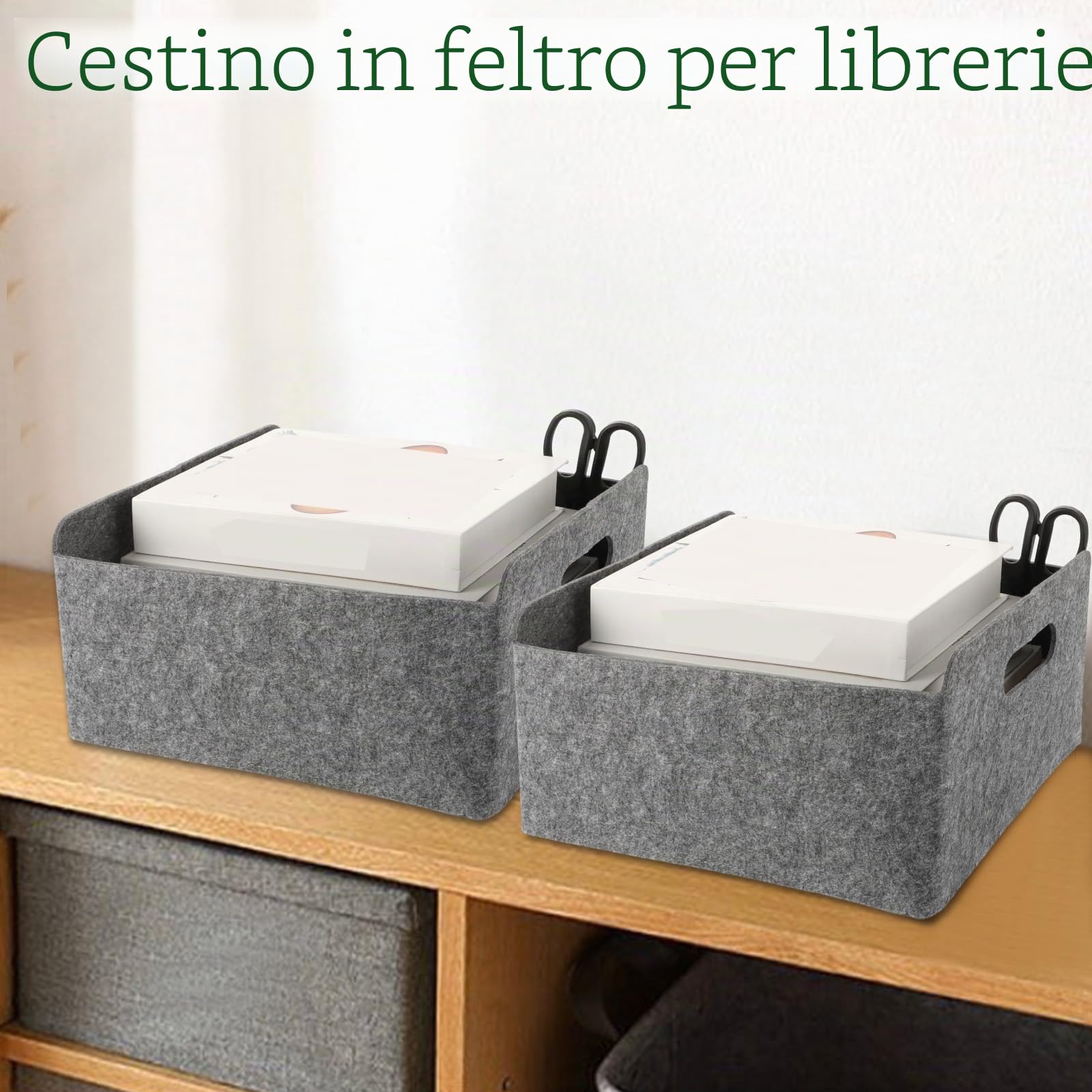 WOPPLXY 4 Pezzi Cestino Portaoggetti, 30 x 26 x 12.5 cm Cestino Pieghevole in Feltro, Cesta de Almacenaje per Armadi, Librerie e Cassetti (Grigio)