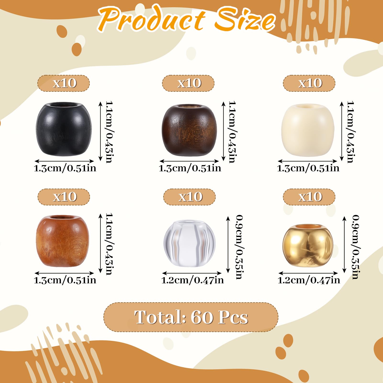 Haarperlen aus Holz für Zöpfe, 6 Farben, Haarschmuck, Zöpfe, Dreadlock-Zubehör, niedliches Zopf-Dekoration, Schmuckherstellungs-Set, Zopf-Clips für Damen und Herren, Bastelarbeiten, 60 Stück