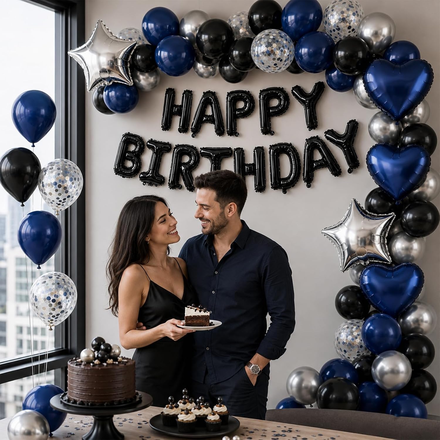 Navy Blue and Black Birthday Decorations for Men Happy Birthday Banner | Blue Black and Silver Confetti Balloons Happy Birthday Decorations for Men Boys Party Decor