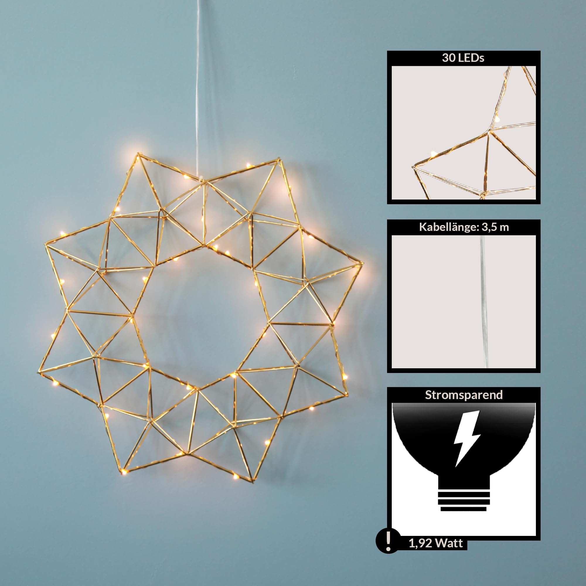 EGLO LED Fenster Lichterkranz Edge Fensterlicht | Weihnachten aus Metall in Messing, Weihnachtskranz Stern mit Kabel, beleuchtete Fensterdeko, warmweiß, Ø 40 cm