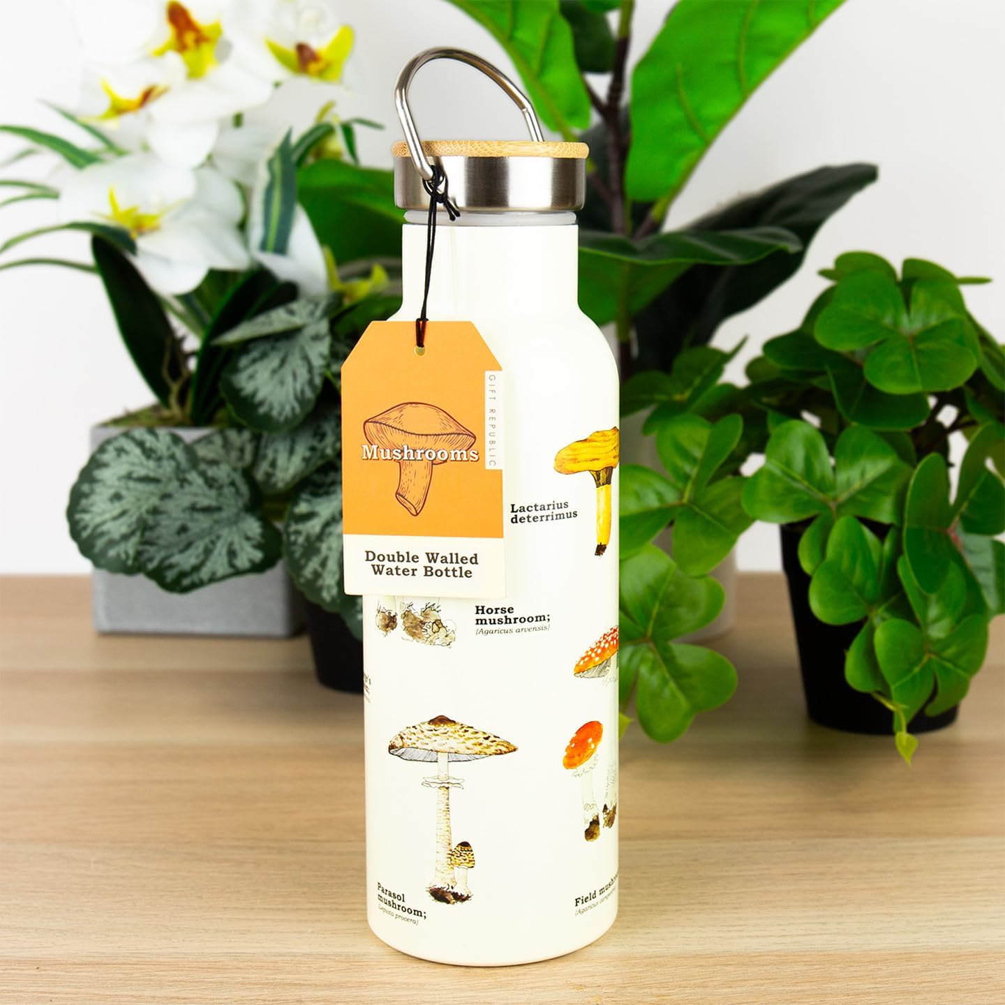 Gift Republic Mushroom Design Double Walled Flask – Stainless Steel Hot & Cold Water Bottle – 500ml Leakproof BPA-Free with Wood Inlay Lid – Eco-Friendly Bottle for Outdoor Adventures