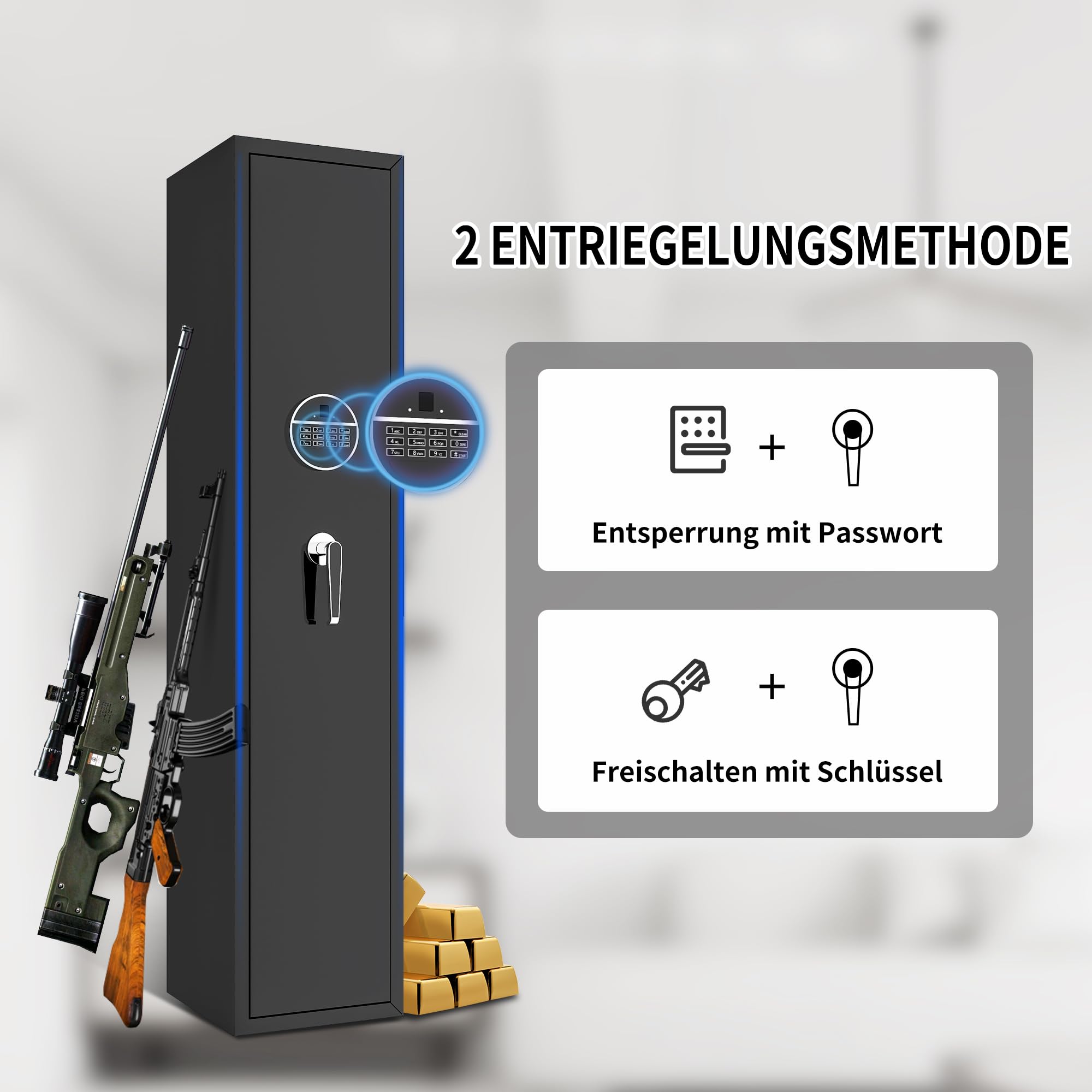 Waffenschrank, Waffentresore mit elektronischen Zahlenschlössern zur Aufbewahrung von Langwaffen, Pistolen und Munition (Schwarz, 5 Gewehre)