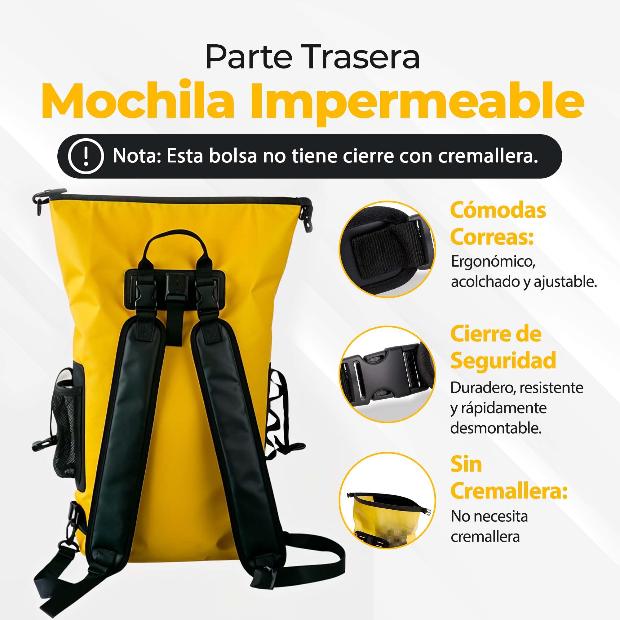 Mochila Estanca 25L Negro Bolsa Seca Impermeable Kayak Playa | Bolsillo exterior para botella, tirantes acolchados, dry bag ligero, pesca, paddle surf, camping y senderismo