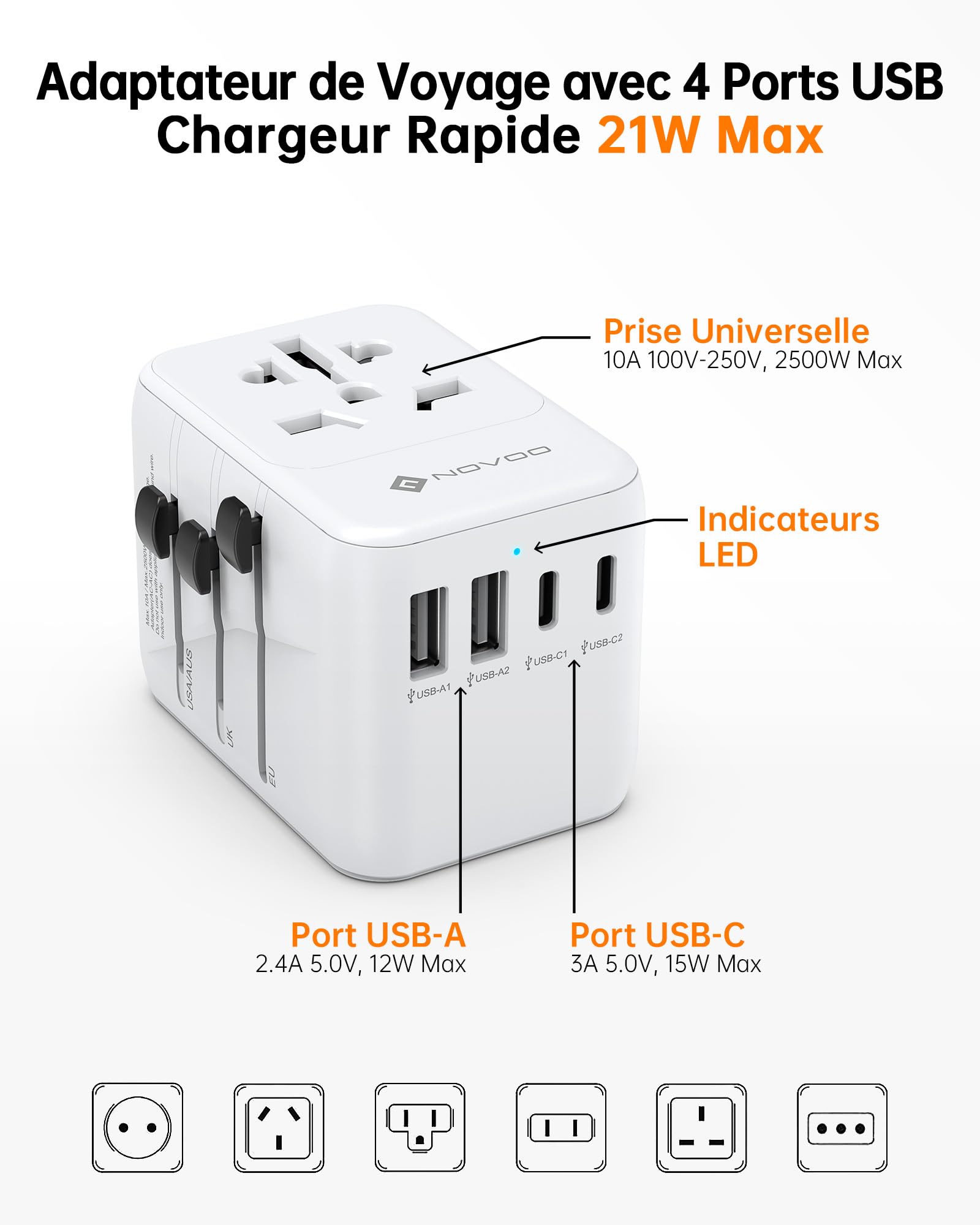 NOVOO Adaptateur de Voyage Universel Adaptateur Prise Universelle PD 21W avec 2 USB et 2 Type C Adaptateur Universel France vers USA UK Allemagne Australie Chine Japon