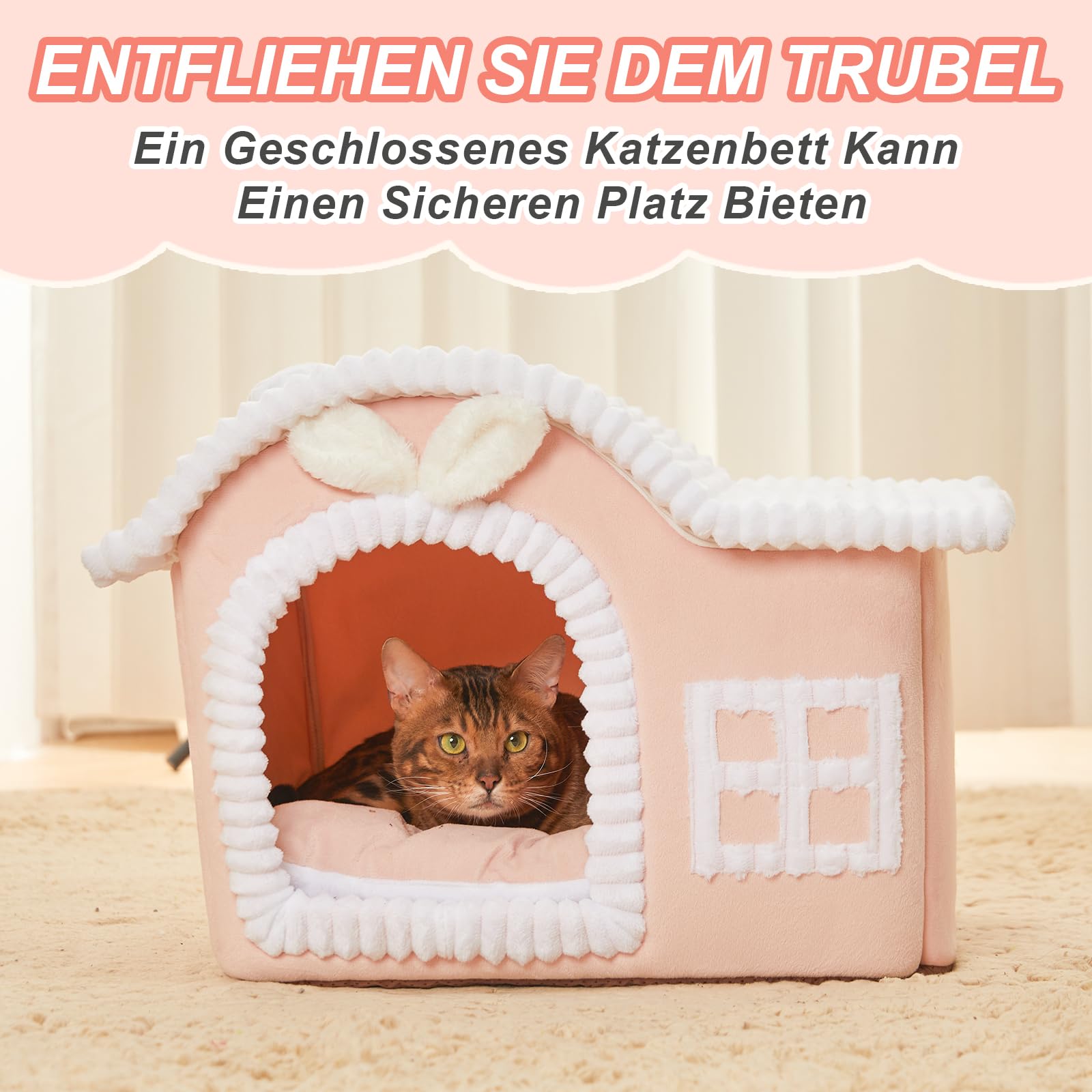 Jiupety Häschenohren-Katzenhaus Indoor, Schornstein-Katzenbett Höhle, Katzenhöhle Warm für 1.4-6.8 kg Katze und Hunde, Faltbare Mit Herausnehmbarem Cat House Cat Bed für alle Jahreszeiten