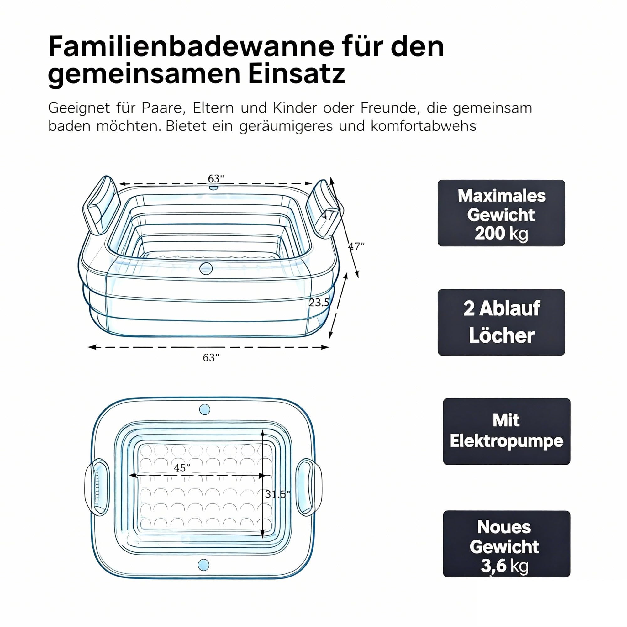 Aufblasbare Badewanne für Erwachsene – Kippsicher & Auslaufsicher, Faltbare Mobile SPA-Wanne mit Elektro-Pumpe, Verdicktes PVC, Ideal für Eisbad & Entspannung (Garten, Balkon, Dusche)