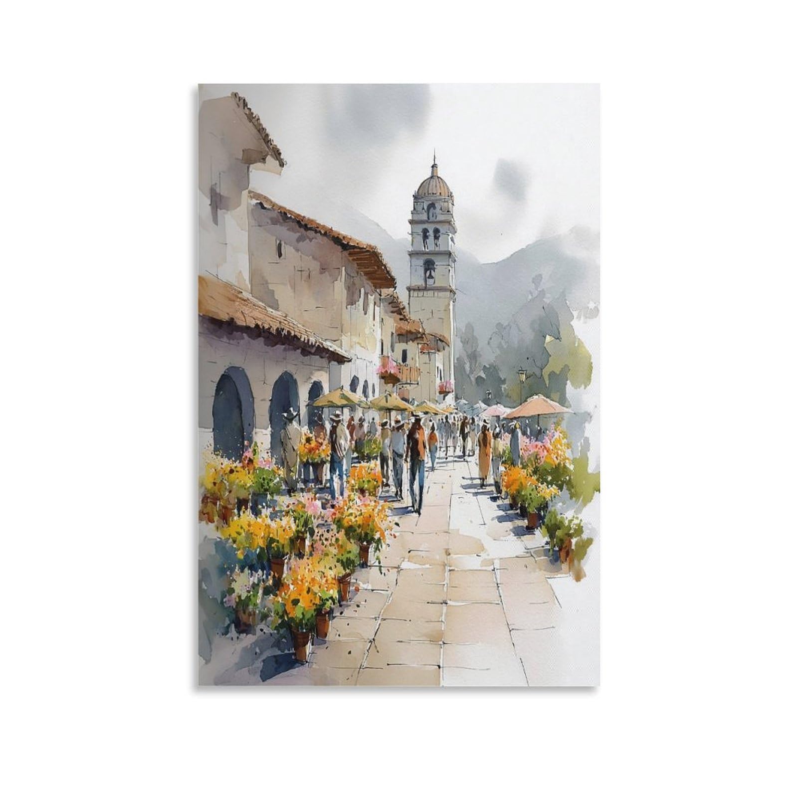 Cnaheiz Unframe-Style Puerto Rico Flower Market Watercolor Painting_ Botanical Wall Art 24X36inch(60X90cm) Vintage Watercolor Canvas Art