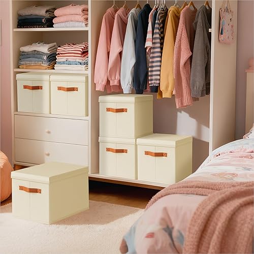 Miniatura 5 de Contenedores de almacenamiento con tapas, cestas de almacenamiento de tela para estantes, paquete de 6 cajas decorativas plegables con asas,